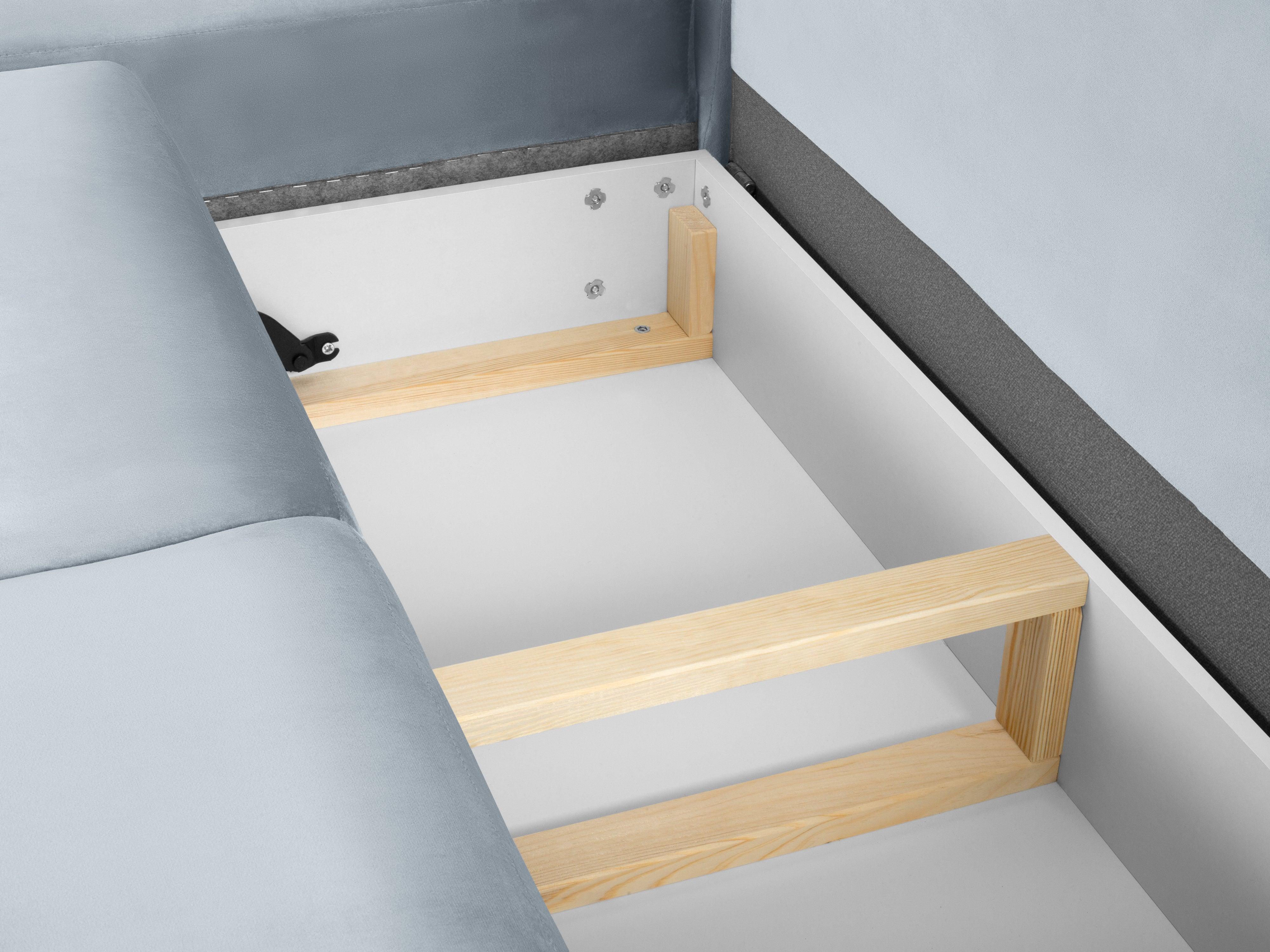 Narożnik 5-osobowy lewostronny z funkcją spania KYOTO jasnoniebieski z czarną podstawą Cosmopolitan Design Eye on Design