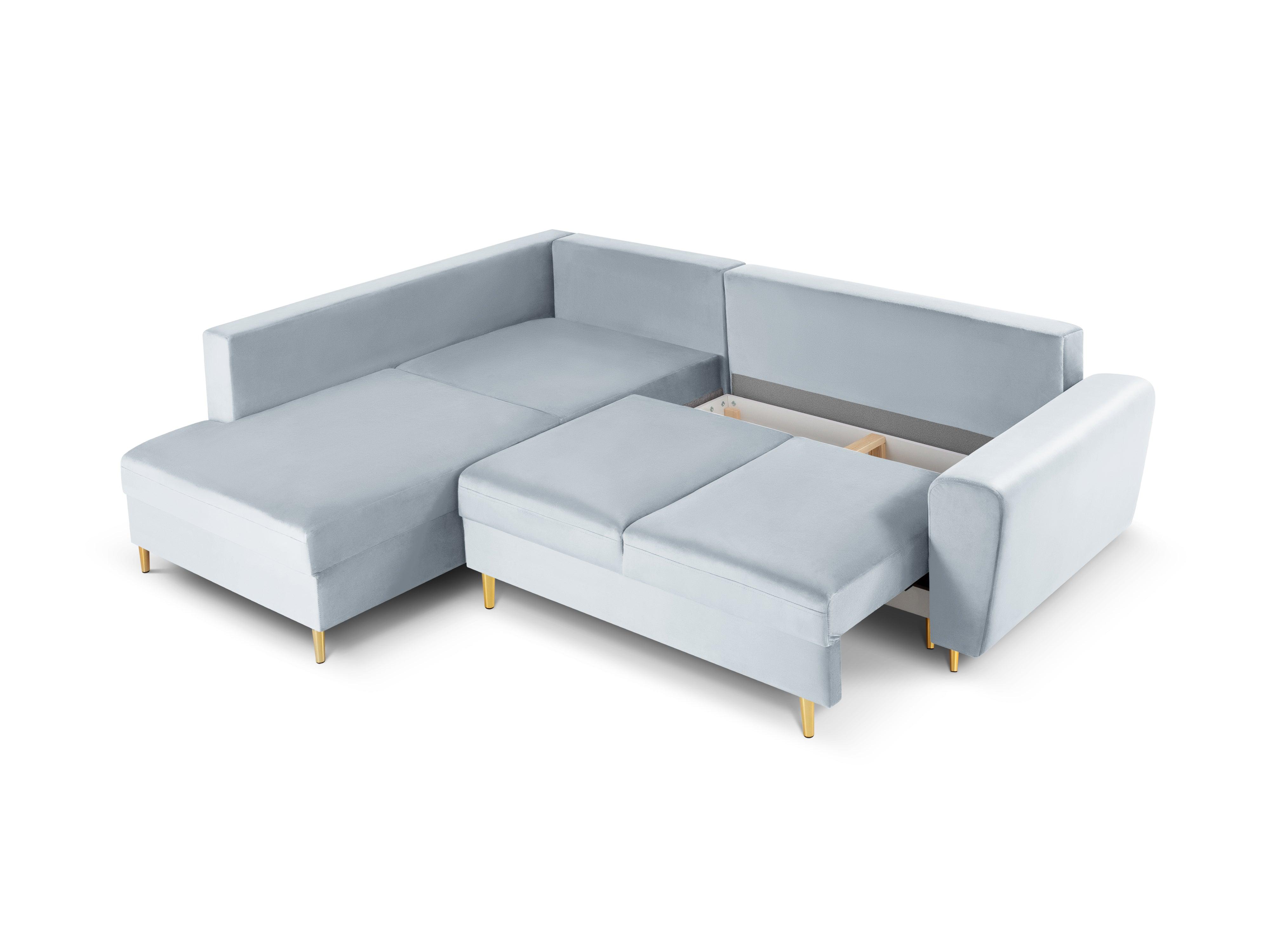 Narożnik 5-osobowy lewostronny z funkcją spania KYOTO jasnoniebieski ze złotą podstawą Cosmopolitan Design Eye on Design