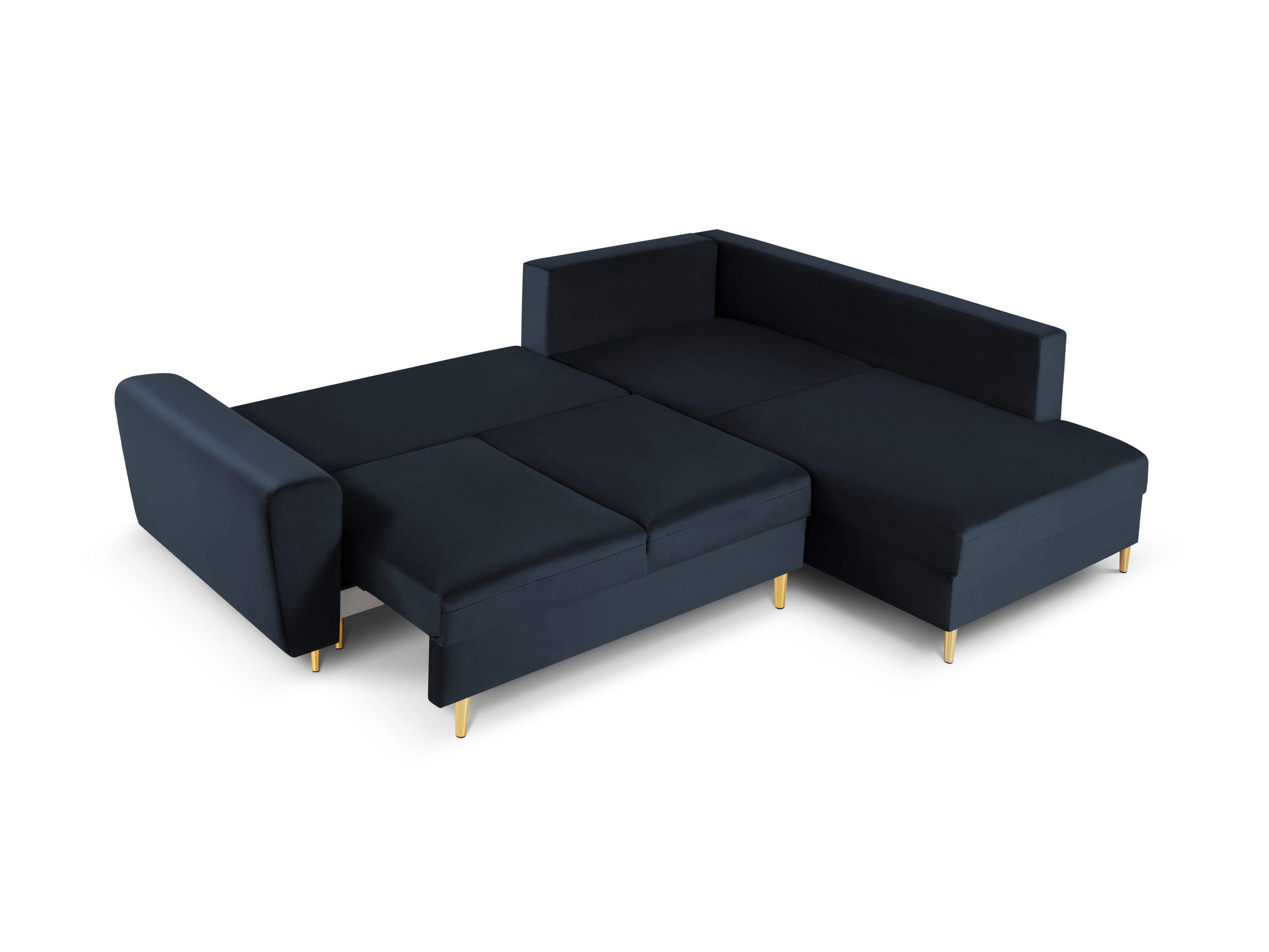 Narożnik 5-osobowy prawostronny z funkcją spania KYOTO ciemnoniebieski ze złotą podstawą Cosmopolitan Design Eye on Design