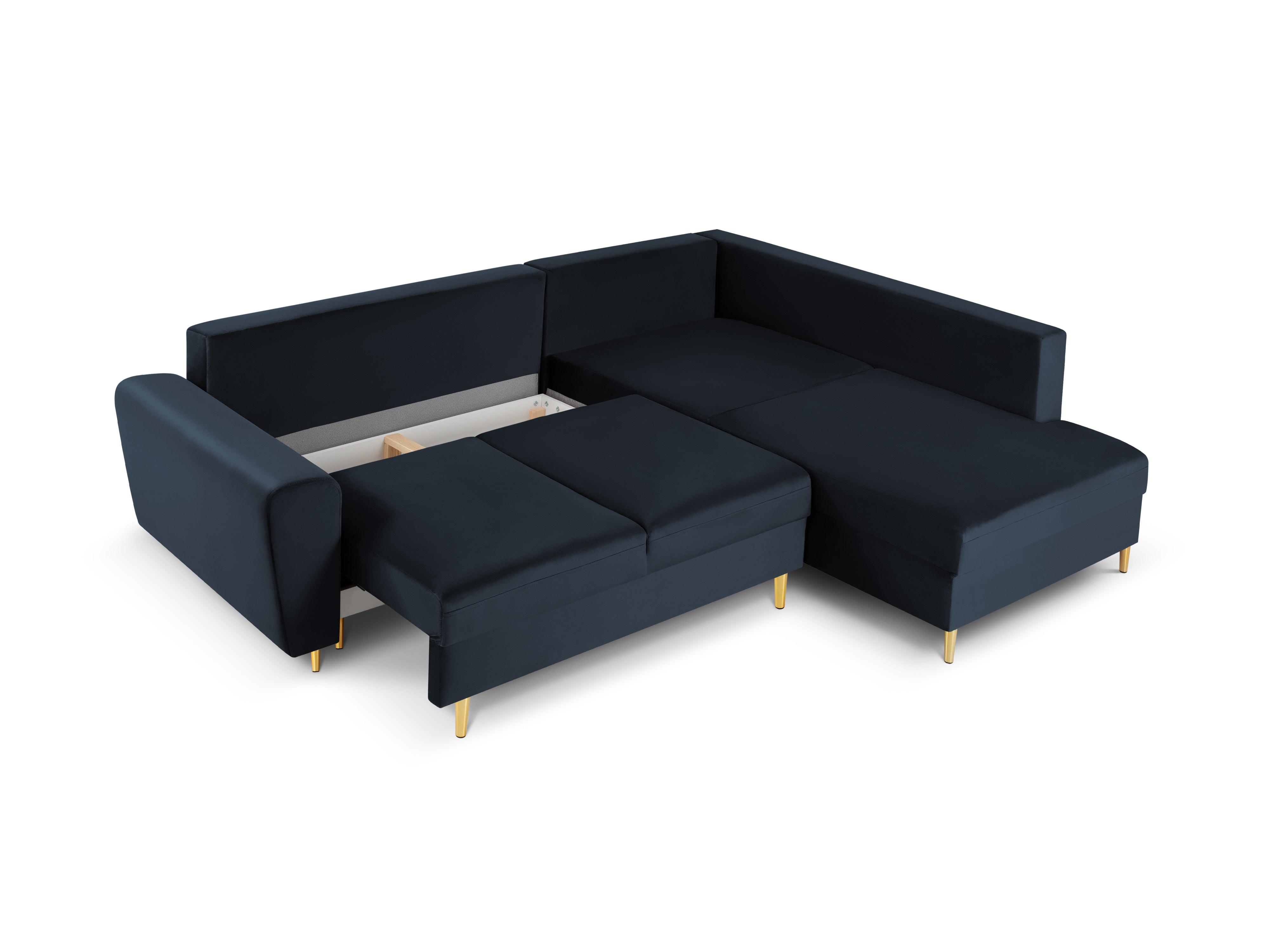 Narożnik 5-osobowy prawostronny z funkcją spania KYOTO ciemnoniebieski ze złotą podstawą Cosmopolitan Design Eye on Design