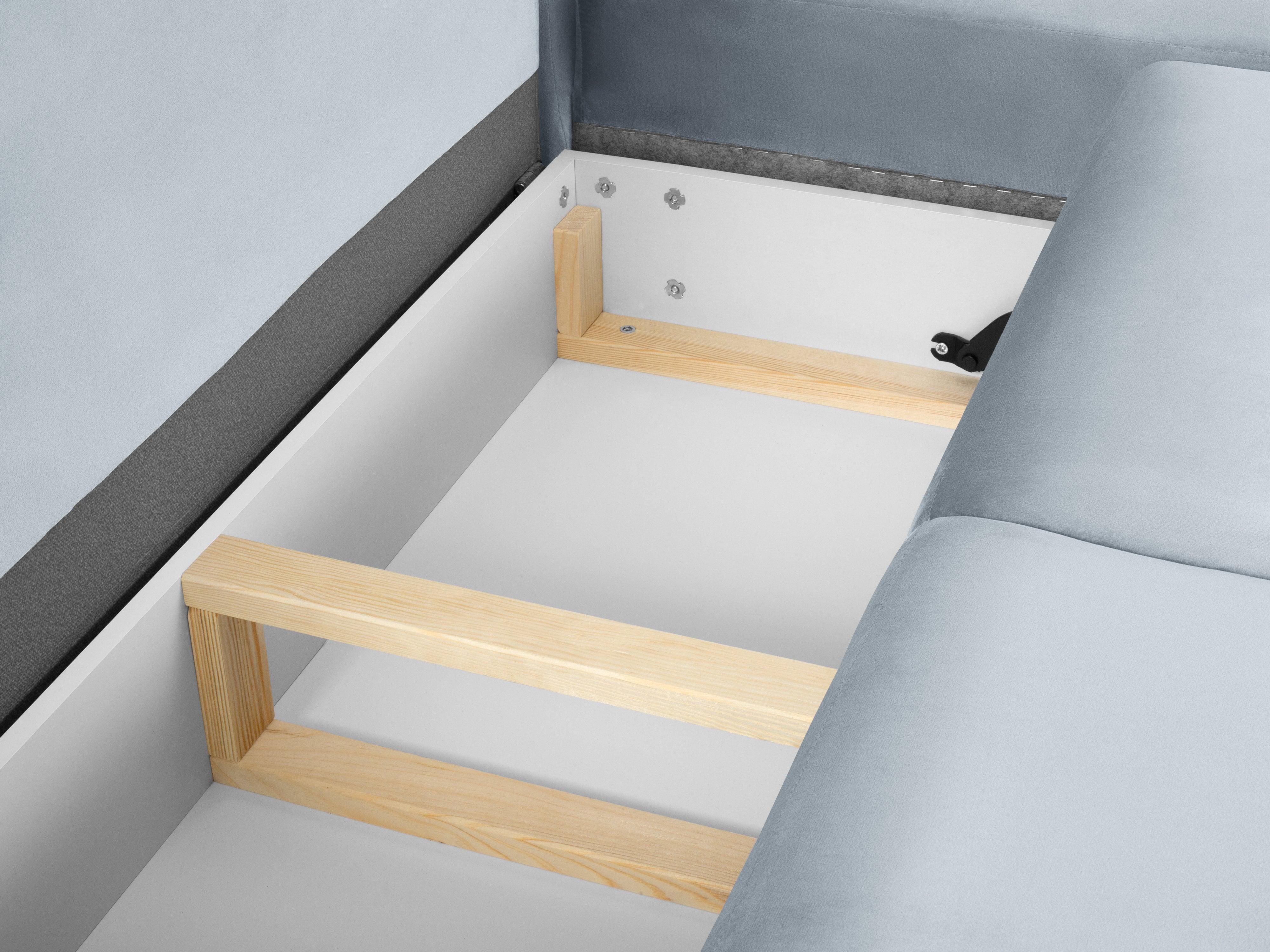 Narożnik 5-osobowy prawostronny z funkcją spania KYOTO jasnoniebieski ze złotą podstawą Cosmopolitan Design Eye on Design