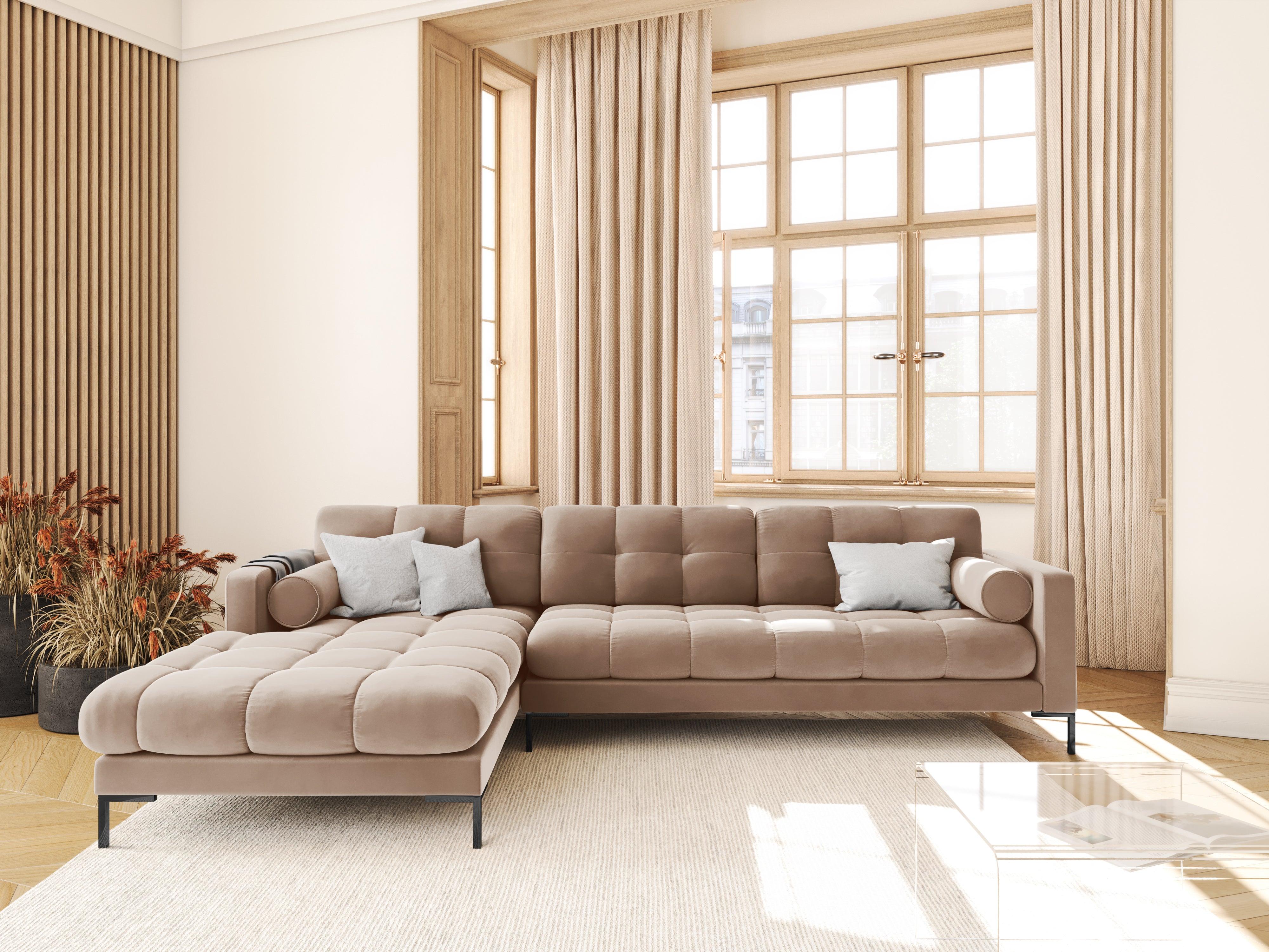 Narożnik aksamitny lewostronny BALI beżowy z czarną podstawą Cosmopolitan Design Eye on Design