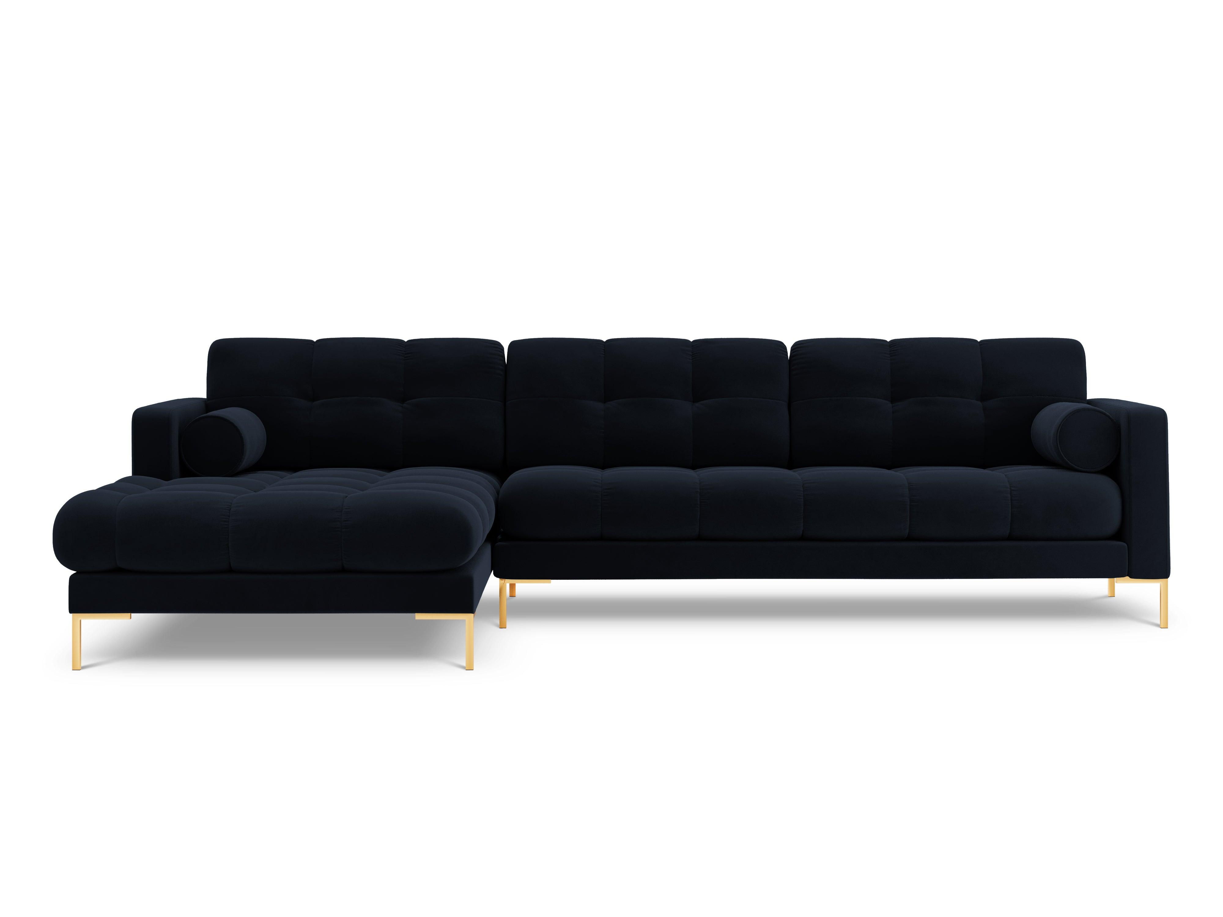 Narożnik aksamitny lewostronny BALI ciemnoniebieski ze złotą podstawą Cosmopolitan Design Eye on Design