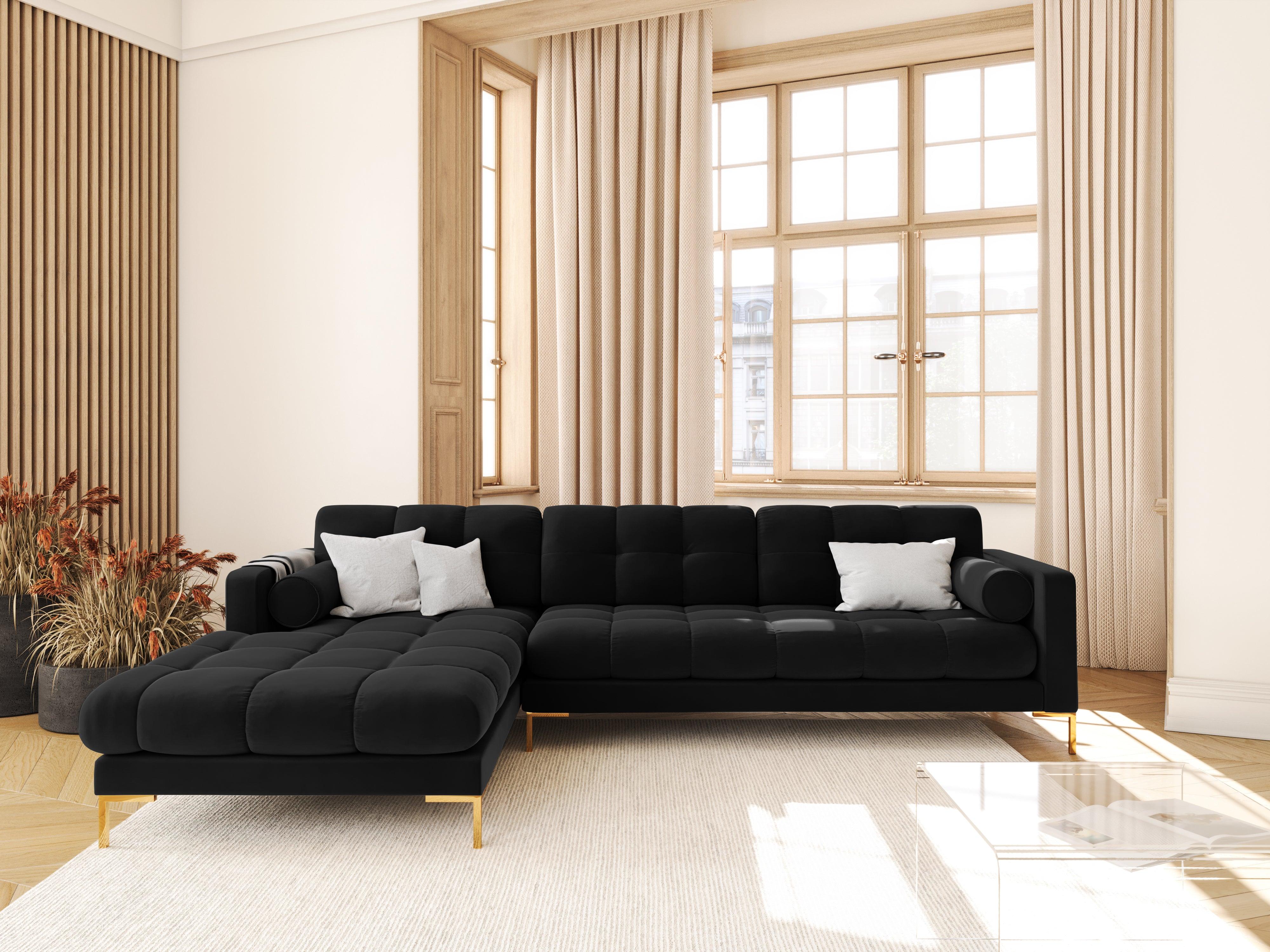 Narożnik aksamitny lewostronny BALI czarny ze złotą podstawą Cosmopolitan Design Eye on Design