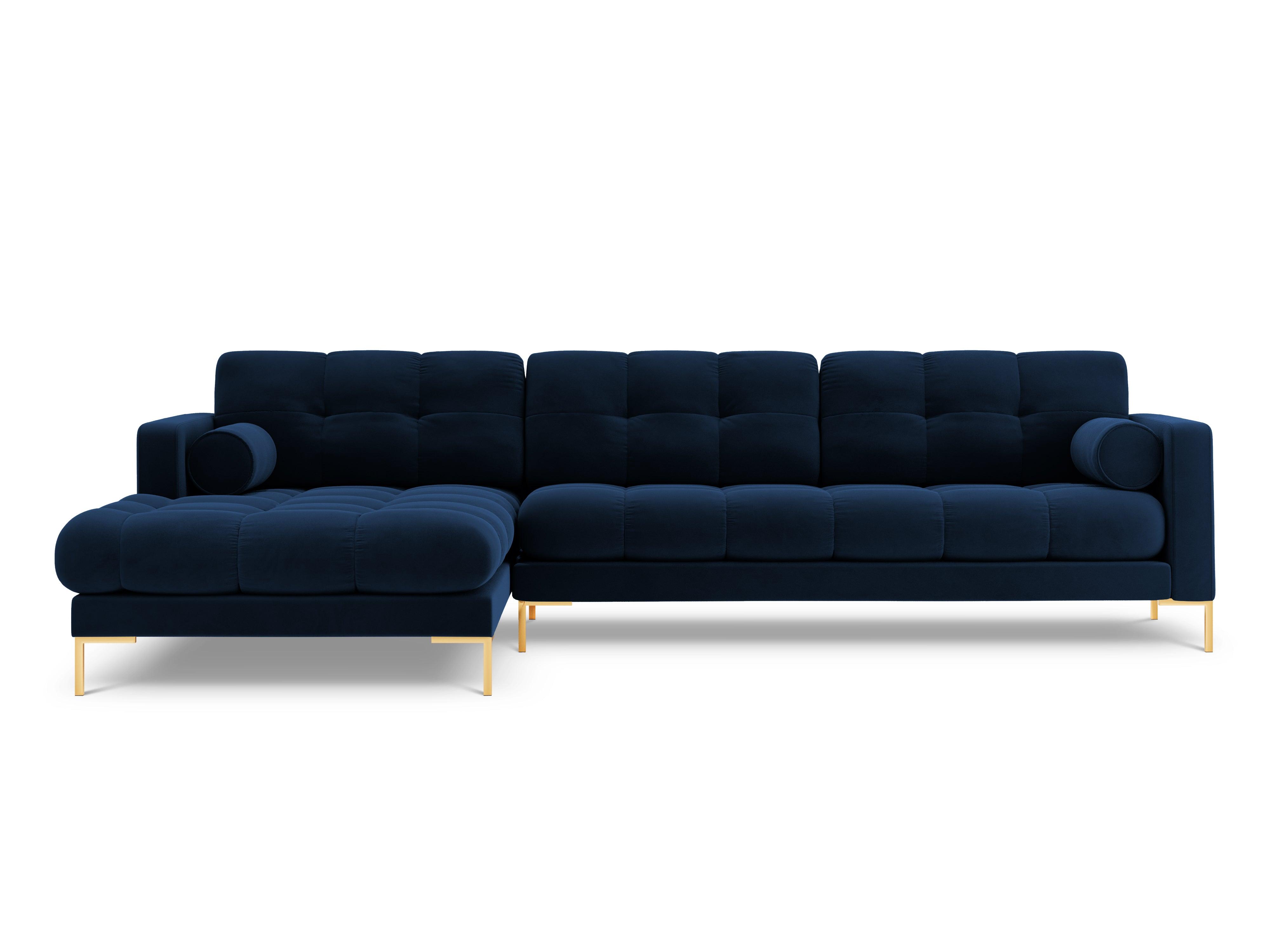 Narożnik aksamitny lewostronny BALI granat królewski ze złotą podstawą Cosmopolitan Design Eye on Design