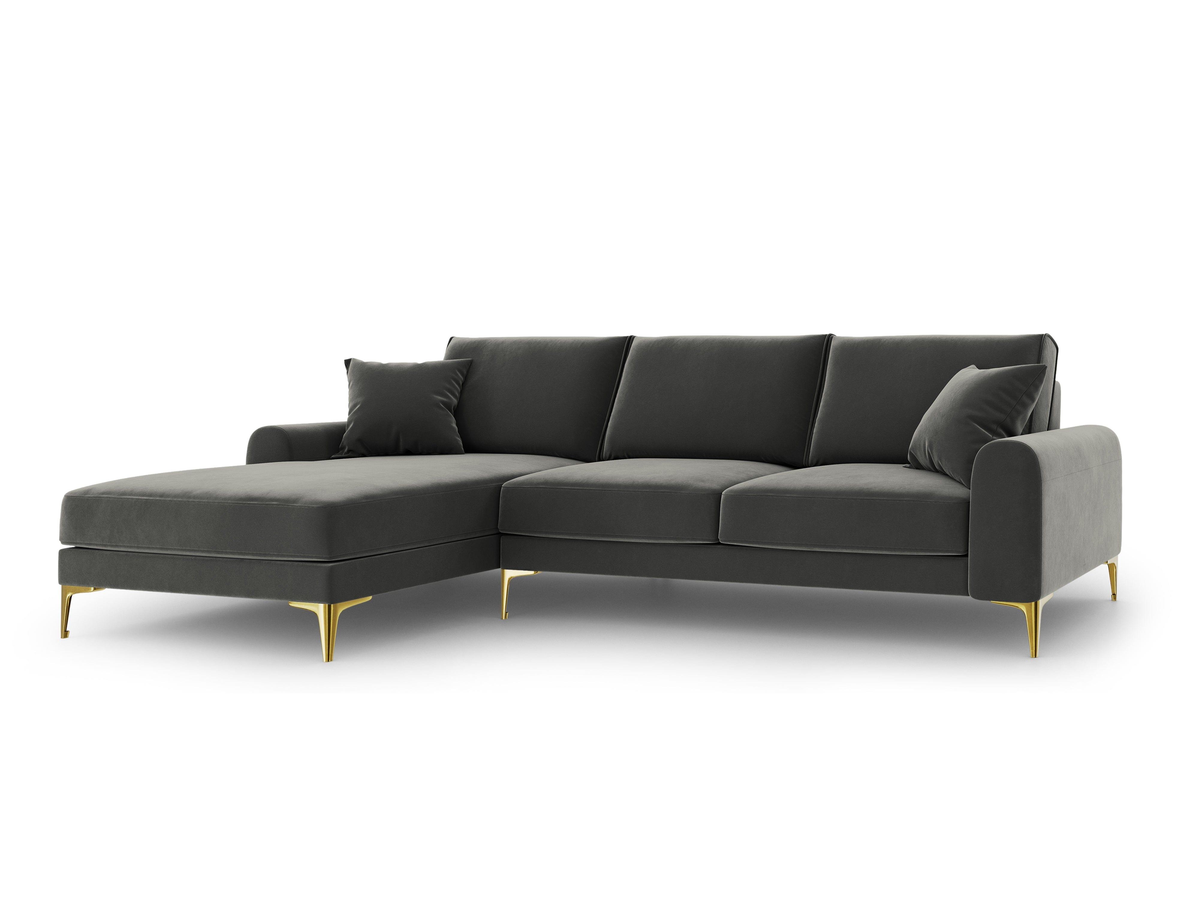 Narożnik aksamitny lewostronny MADARA ciemnoszary ze złotą podstawą Mazzini Sofas Eye on Design