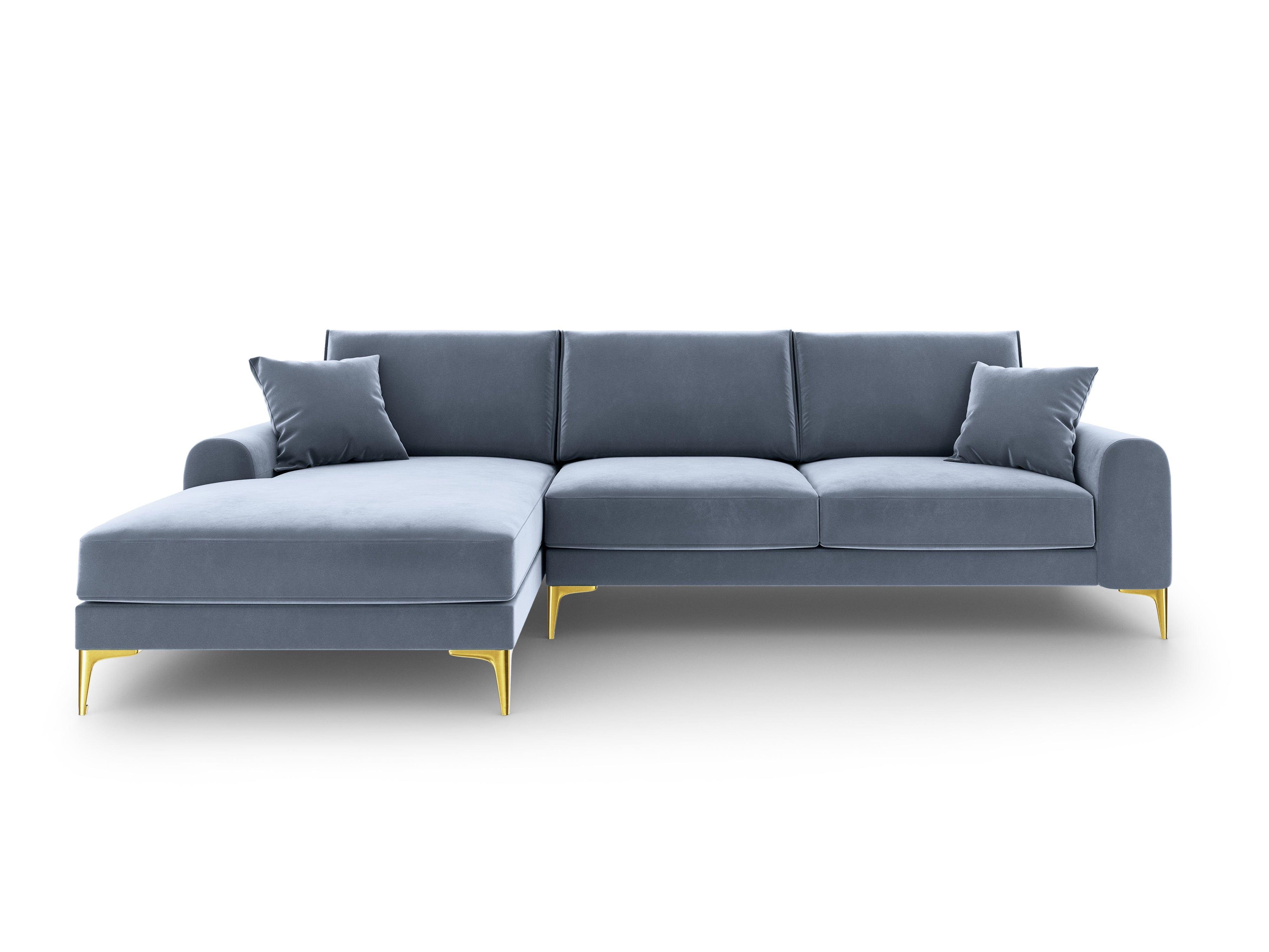 Narożnik aksamitny lewostronny MADARA jasnoniebieski ze złotą podstawą Mazzini Sofas Eye on Design