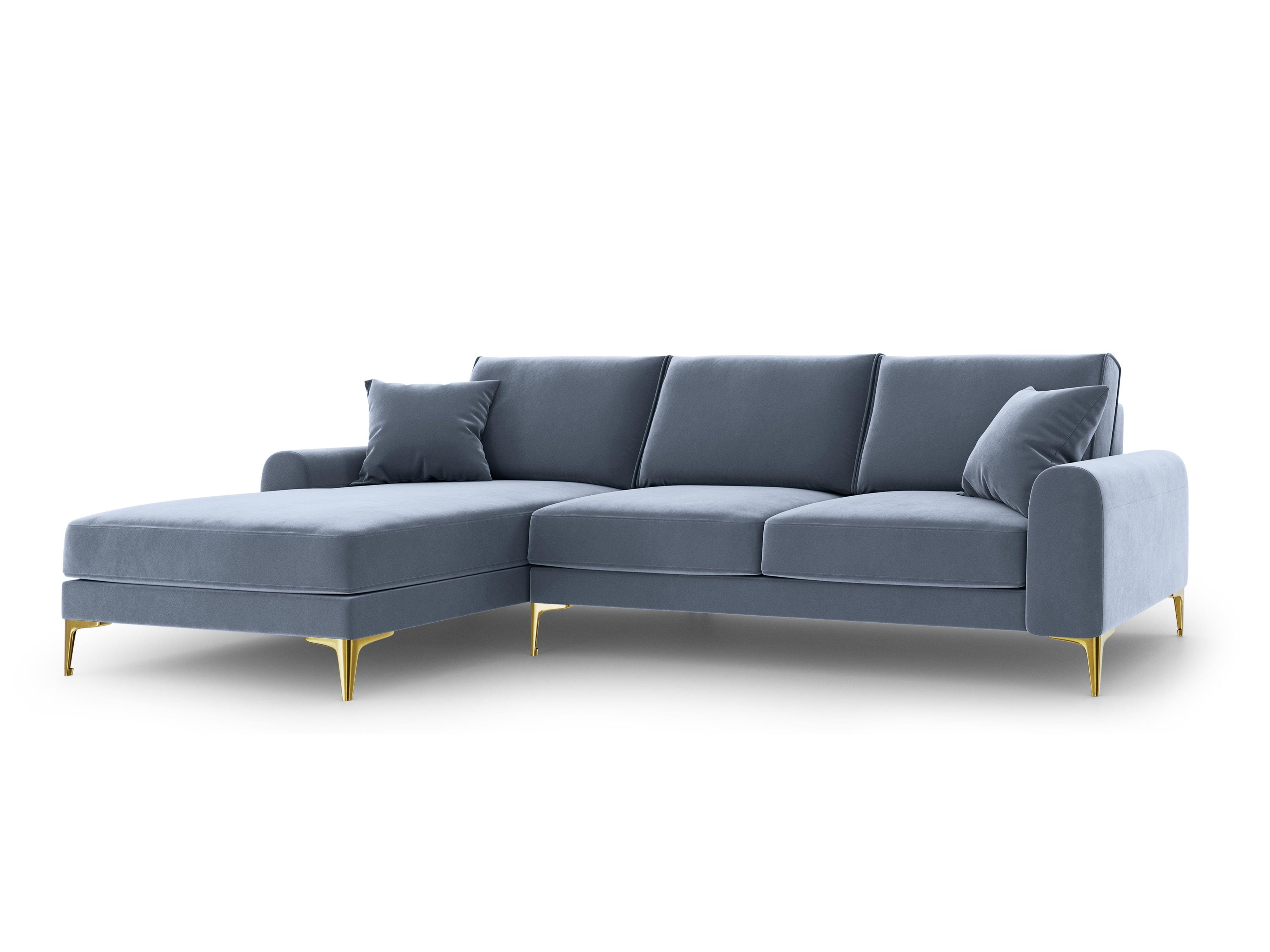 Narożnik aksamitny lewostronny MADARA jasnoniebieski ze złotą podstawą Mazzini Sofas Eye on Design