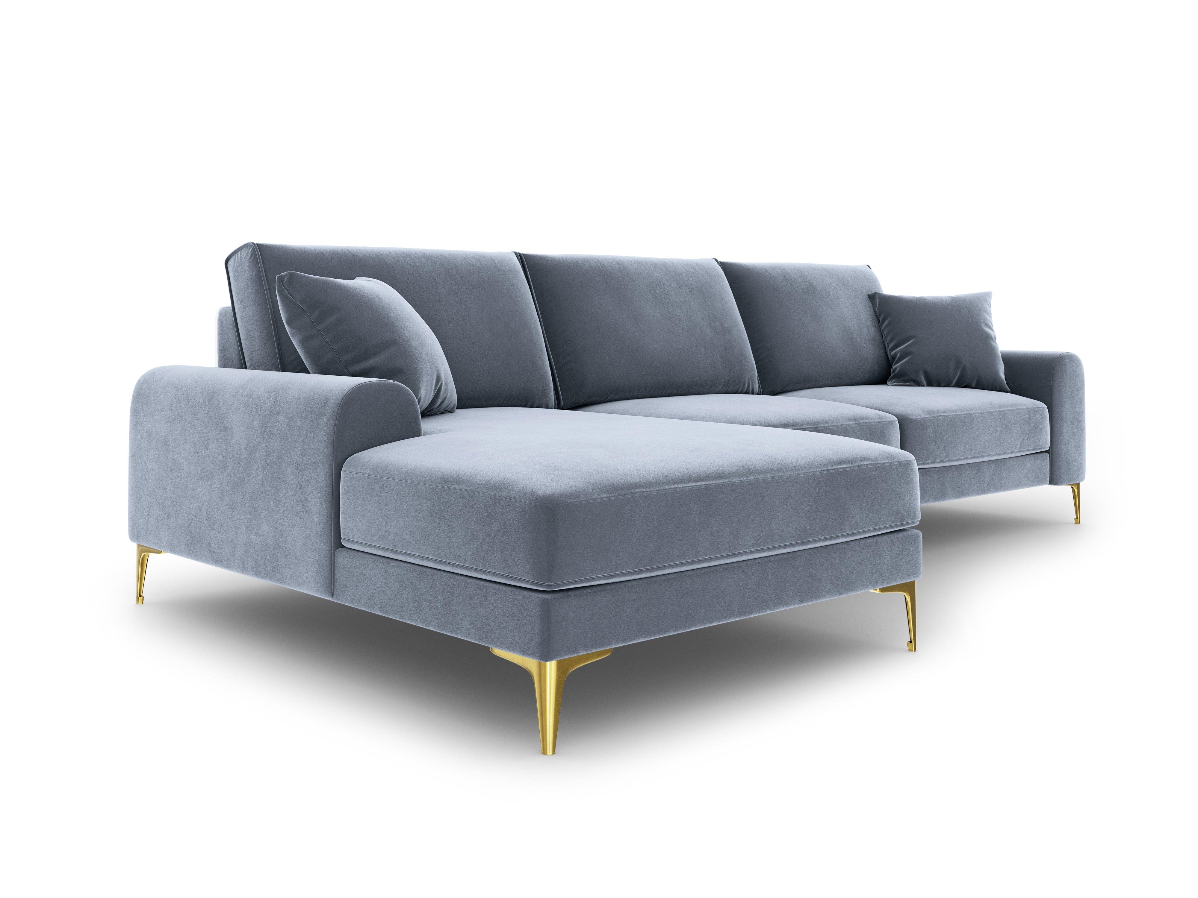 Narożnik aksamitny lewostronny MADARA jasnoniebieski ze złotą podstawą Mazzini Sofas Eye on Design
