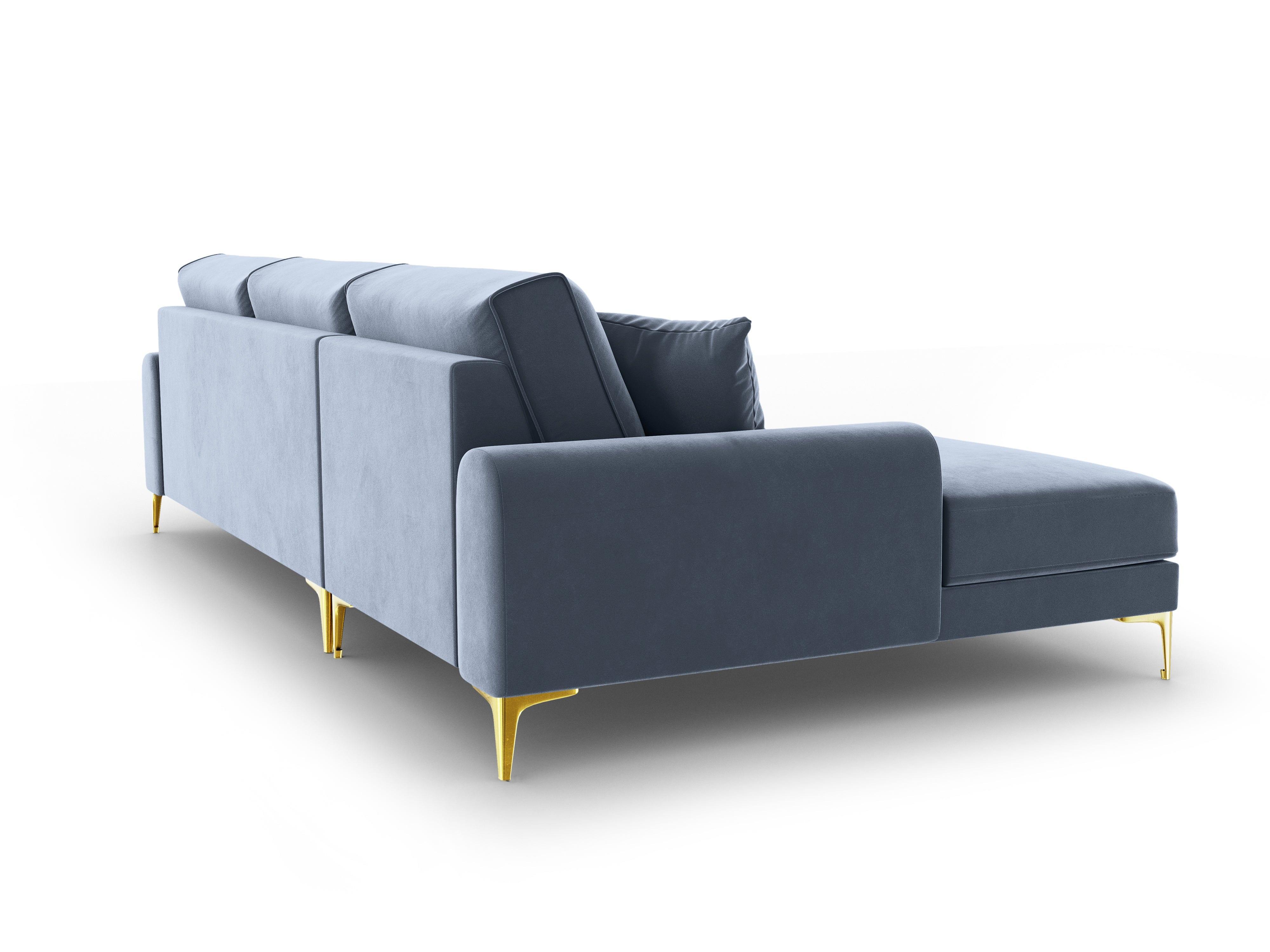 Narożnik aksamitny lewostronny MADARA jasnoniebieski ze złotą podstawą Mazzini Sofas Eye on Design