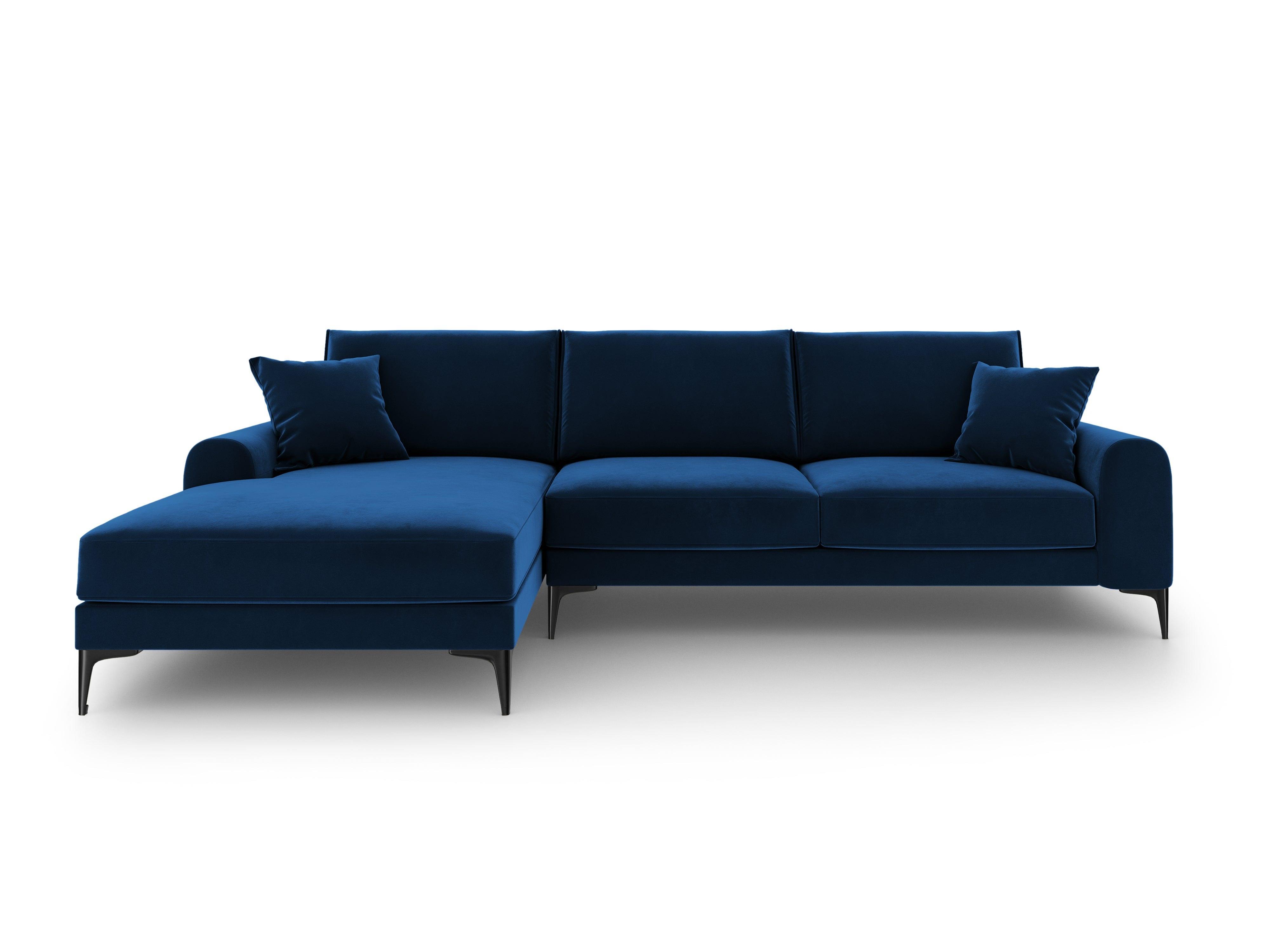 Narożnik aksamitny lewostronny MADARA królewski niebieski z czarną podstawą Mazzini Sofas Eye on Design