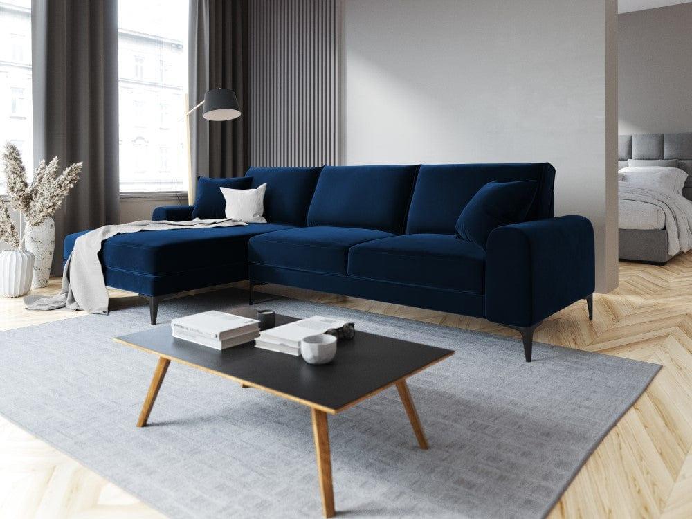 Narożnik aksamitny lewostronny MADARA królewski niebieski z czarną podstawą Mazzini Sofas Eye on Design