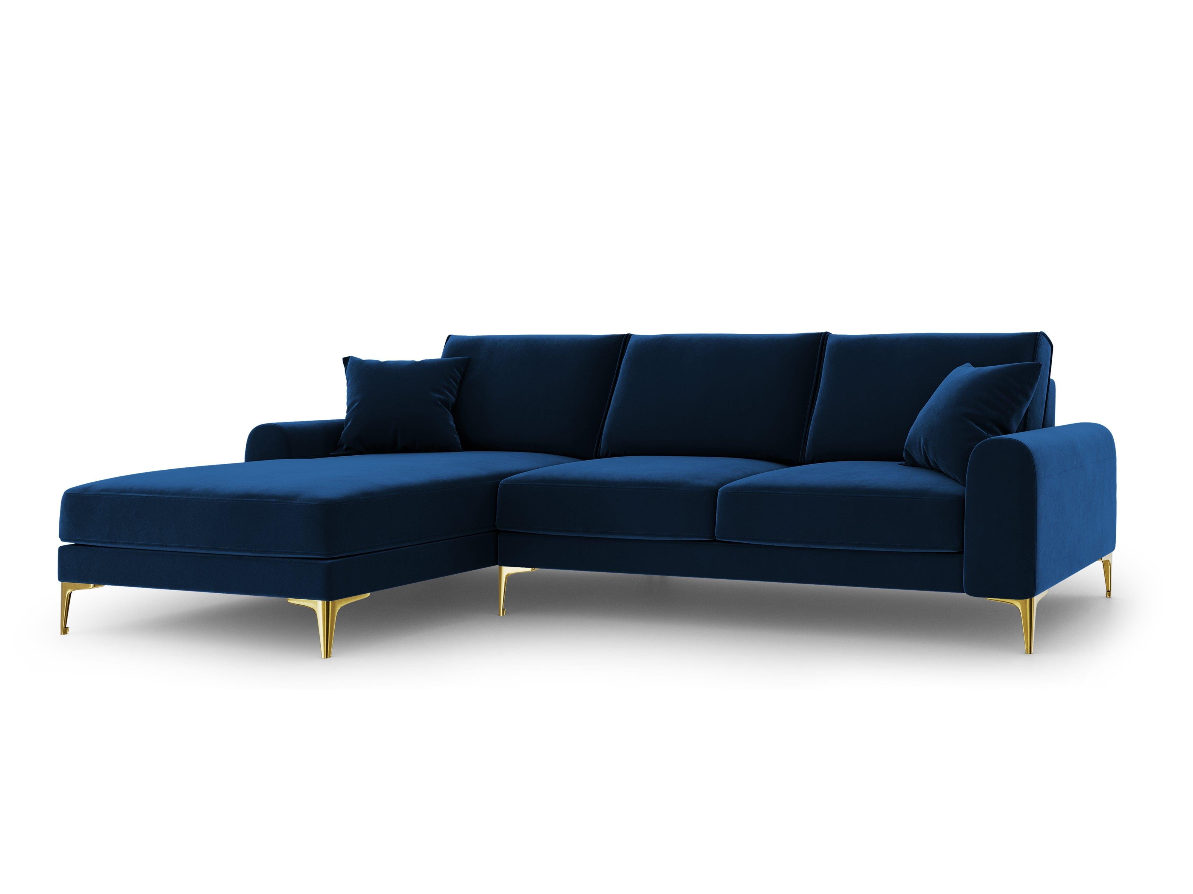 Narożnik aksamitny lewostronny MADARA królewski niebieski ze złotą podstawą Mazzini Sofas Eye on Design