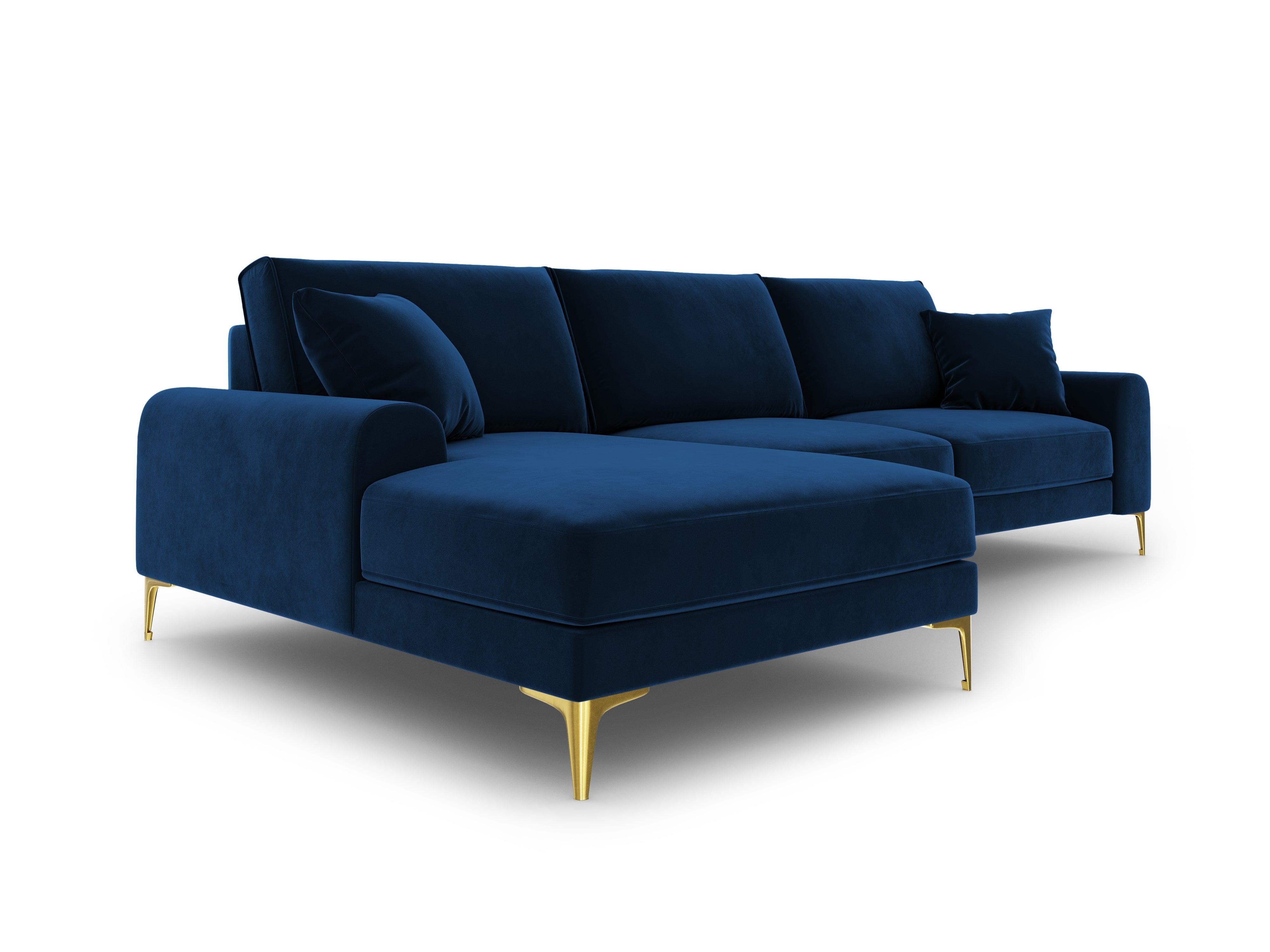 Narożnik aksamitny lewostronny MADARA królewski niebieski ze złotą podstawą Mazzini Sofas Eye on Design