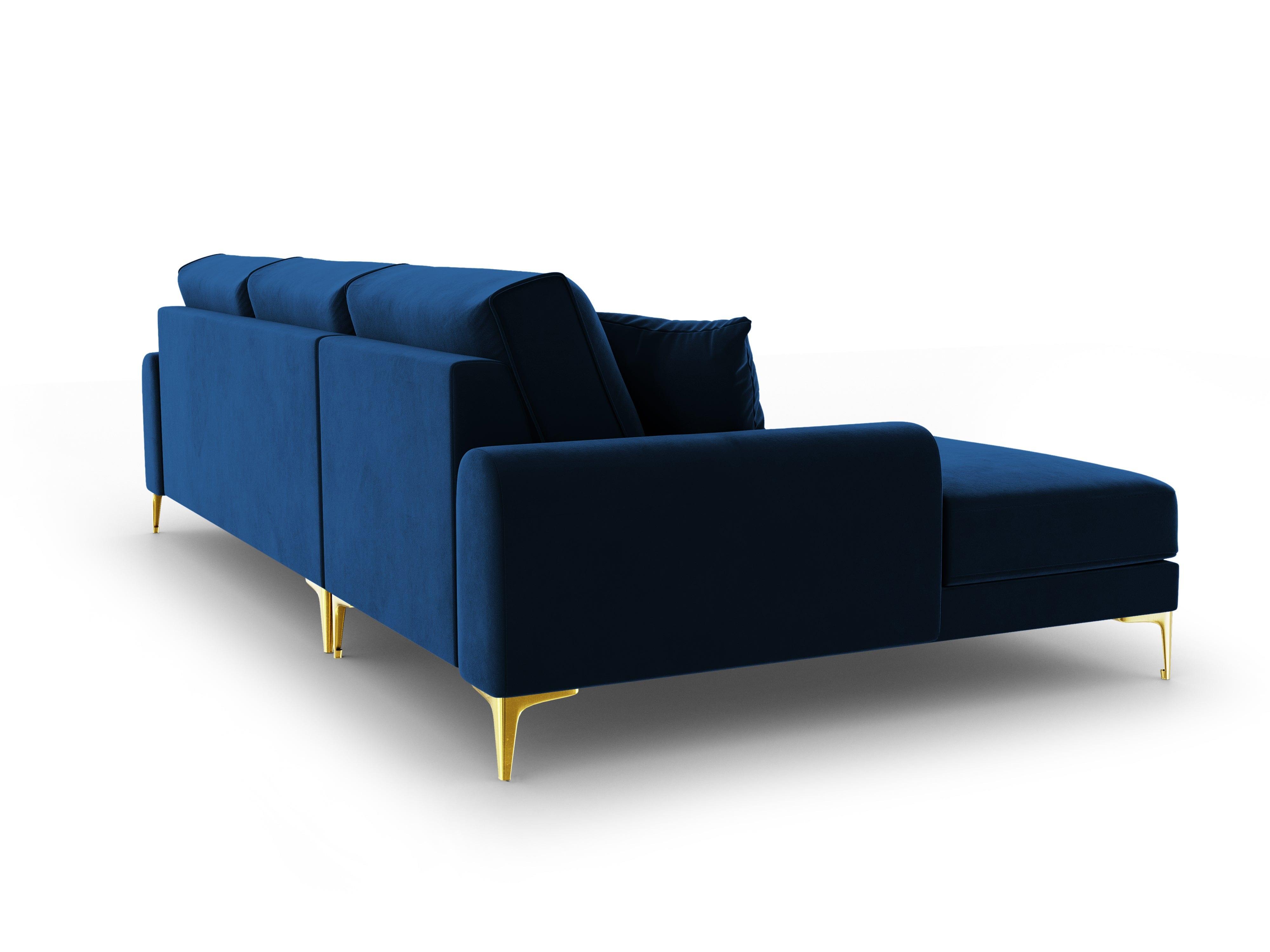Narożnik aksamitny lewostronny MADARA królewski niebieski ze złotą podstawą Mazzini Sofas Eye on Design