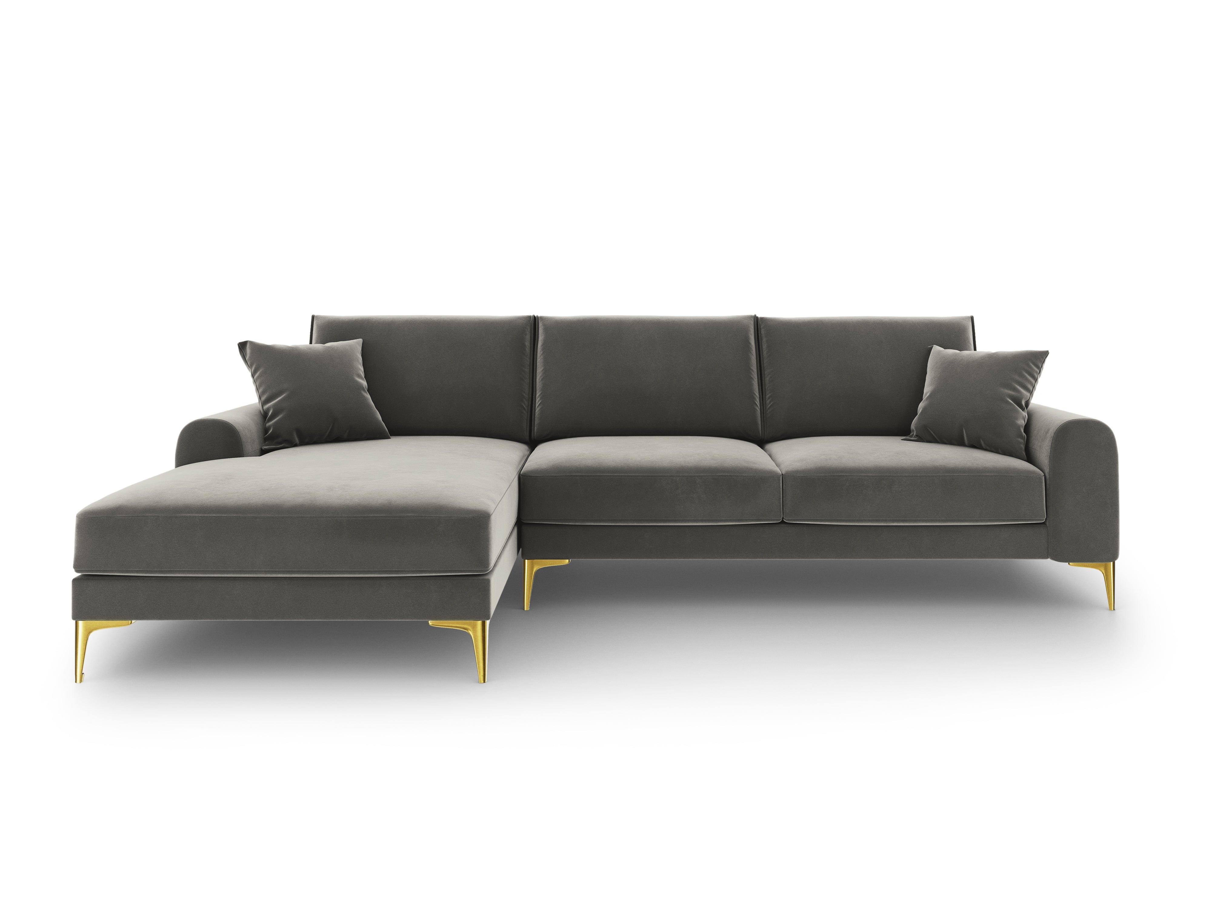Narożnik aksamitny lewostronny MADARA szary ze złotą podstawą Mazzini Sofas Eye on Design
