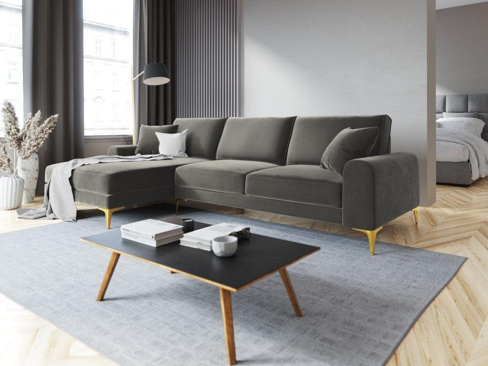 Narożnik aksamitny lewostronny MADARA szary ze złotą podstawą Mazzini Sofas Eye on Design