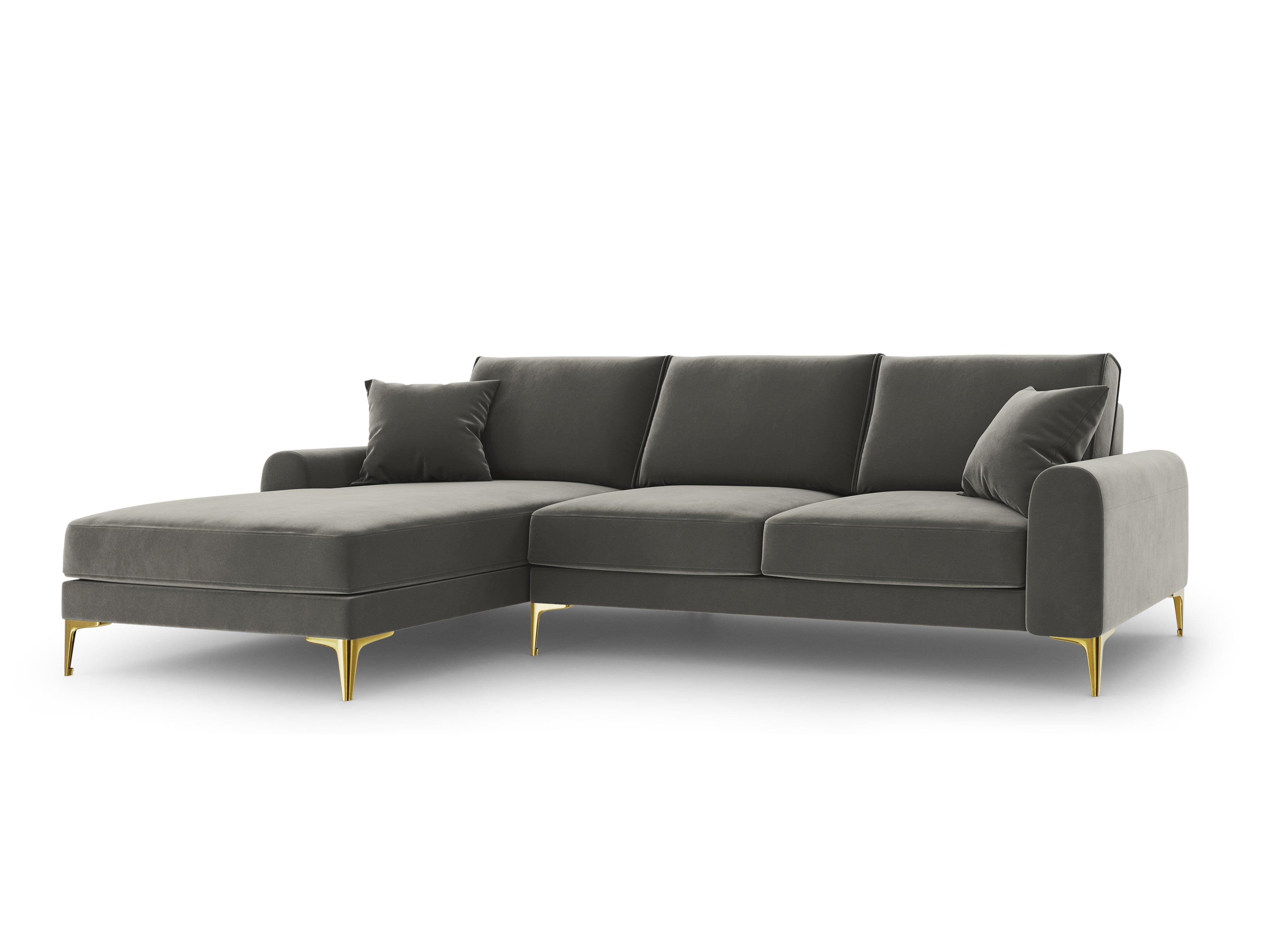 Narożnik aksamitny lewostronny MADARA szary ze złotą podstawą Mazzini Sofas Eye on Design