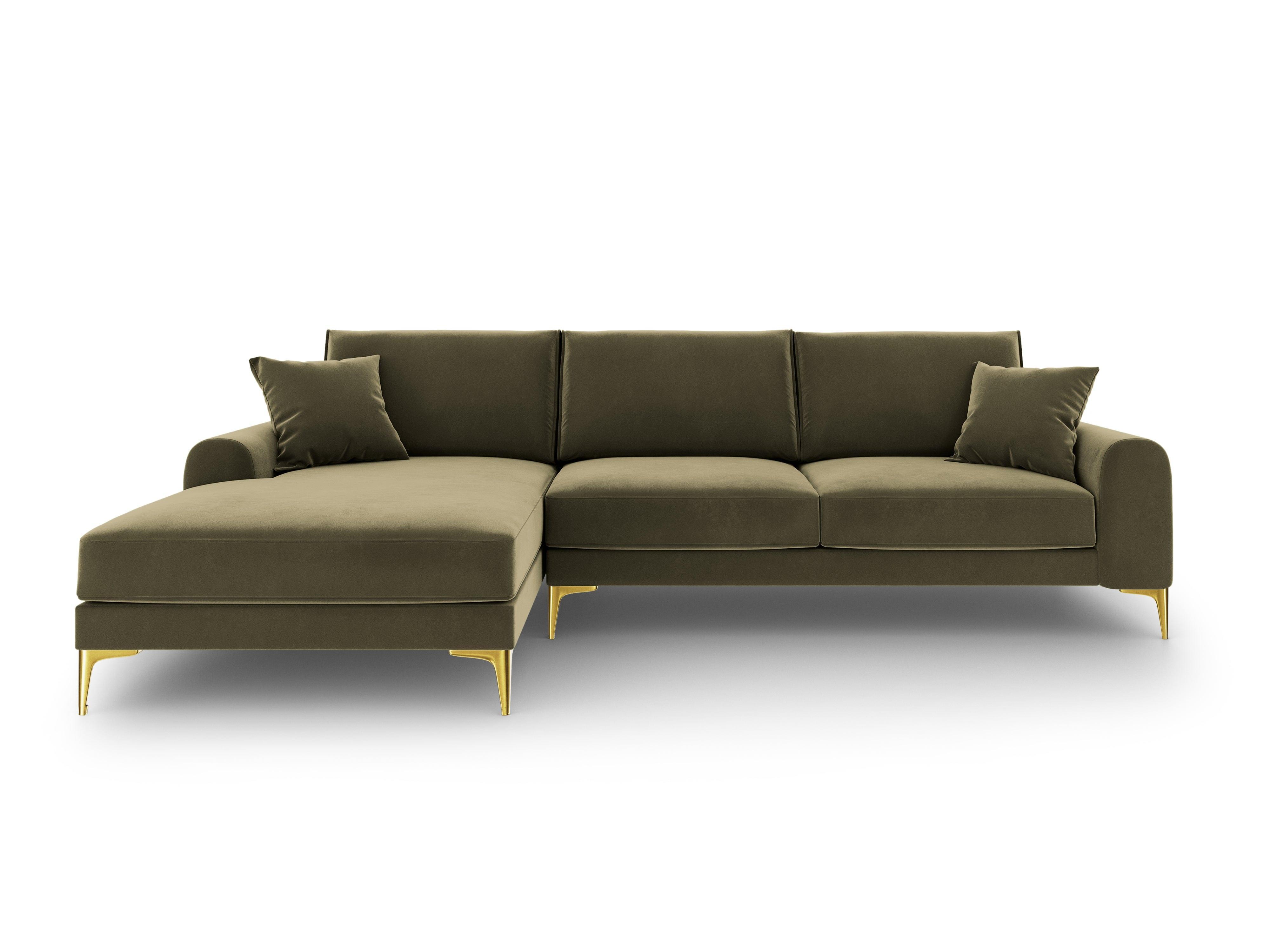 Narożnik aksamitny lewostronny MADARA zielony ze złotą podstawą Mazzini Sofas Eye on Design