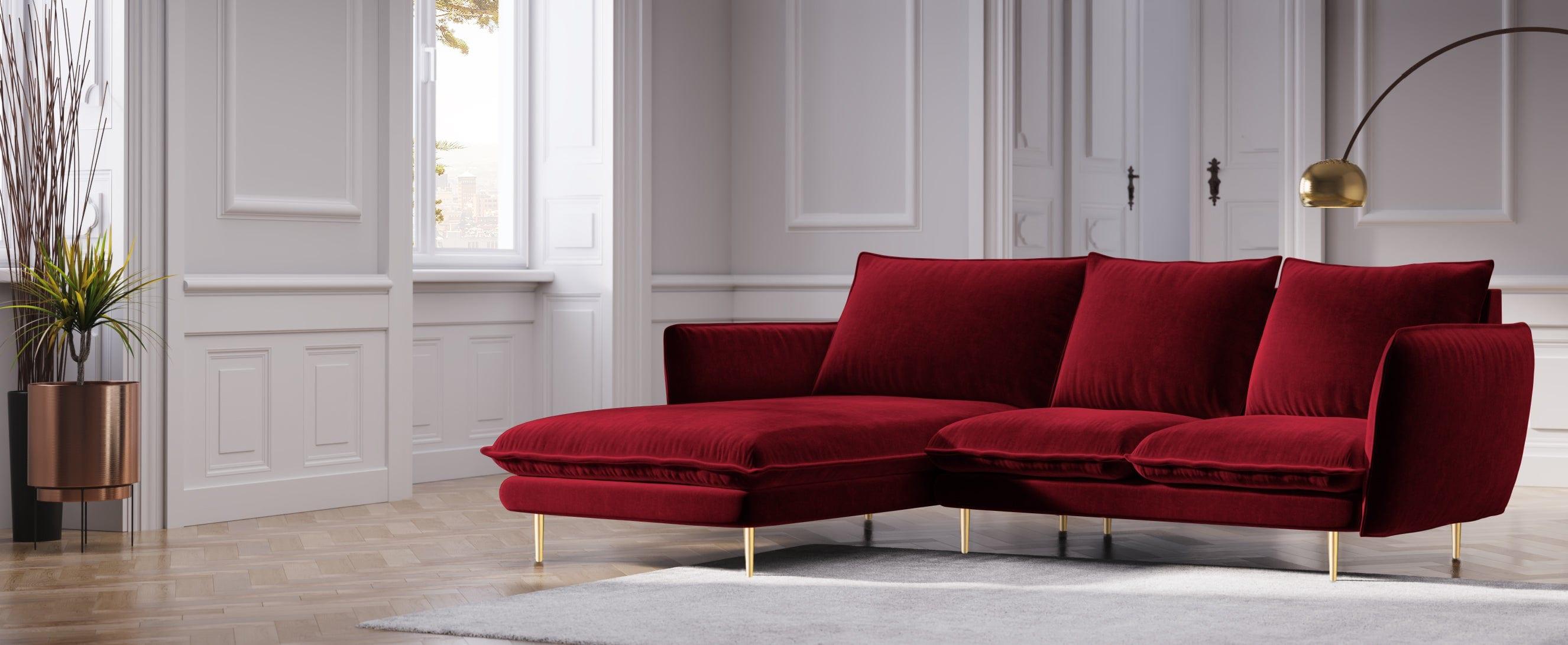 Narożnik aksamitny lewostronny VIENNA bordowy ze złotą podstawą Cosmopolitan Design Eye on Design