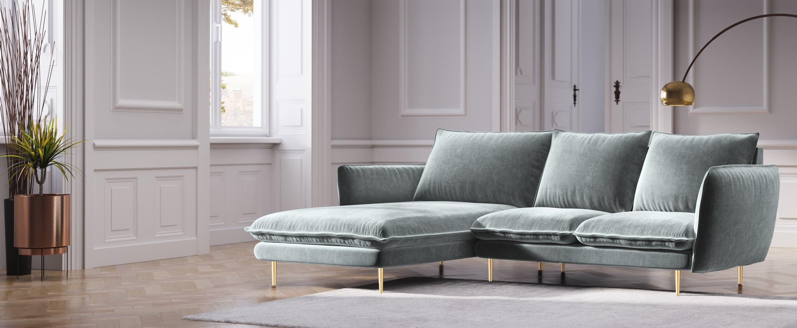 Narożnik aksamitny lewostronny VIENNA jasnoszary ze złotą podstawą Cosmopolitan Design Eye on Design