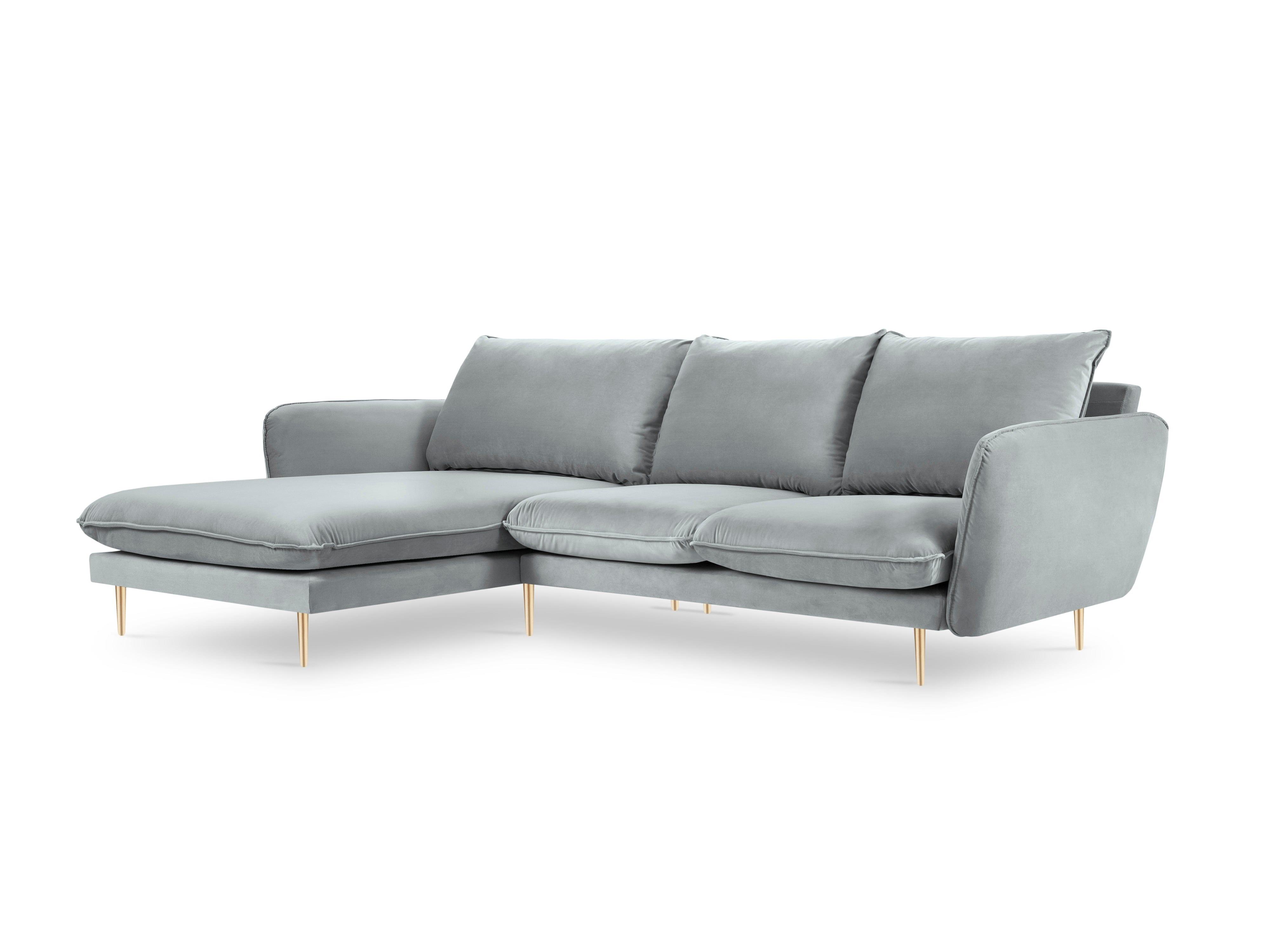 Narożnik aksamitny lewostronny VIENNA jasnoszary ze złotą podstawą Cosmopolitan Design Eye on Design