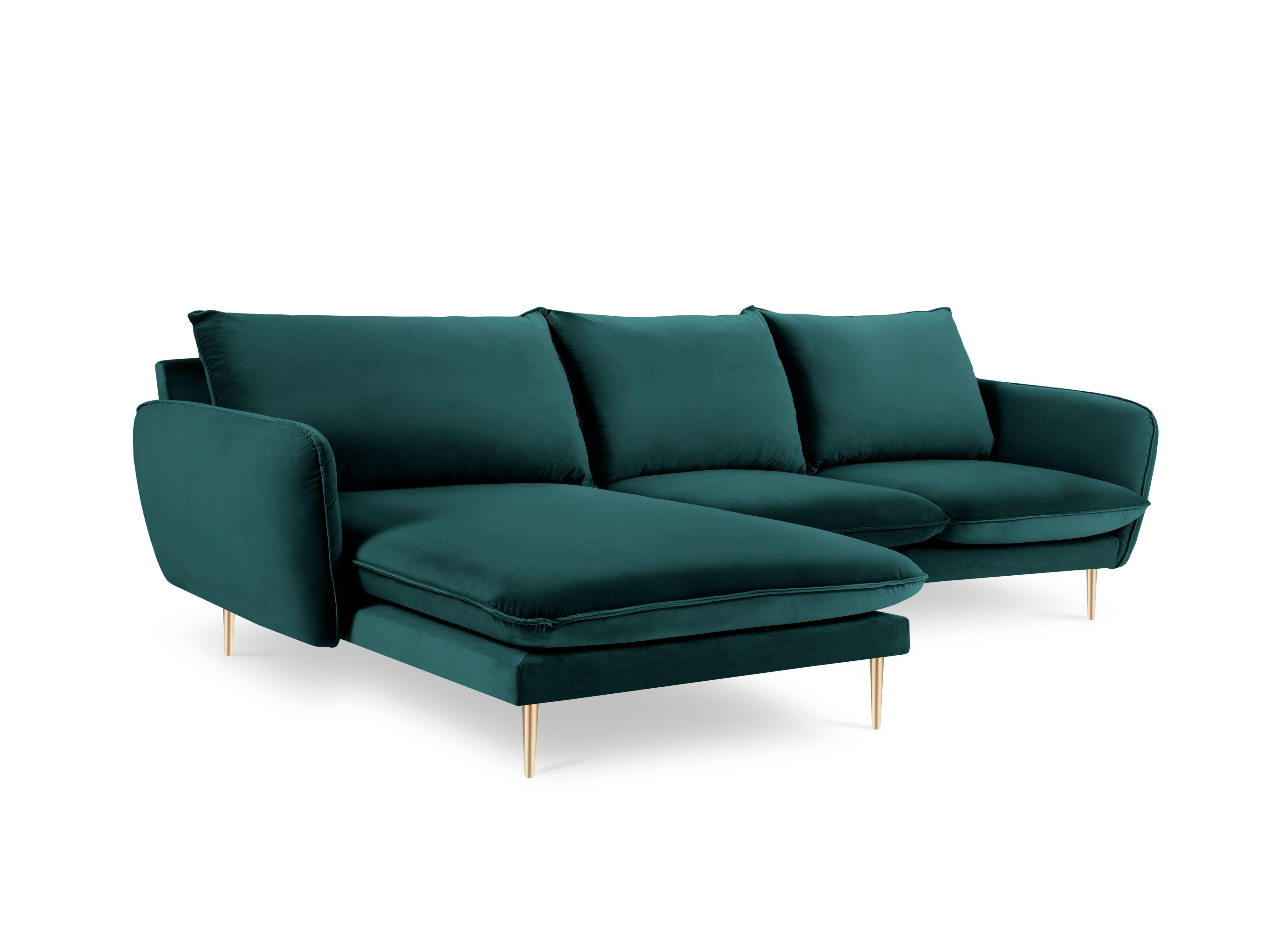 Narożnik aksamitny lewostronny VIENNA morski ze złotą podstawą Cosmopolitan Design Eye on Design
