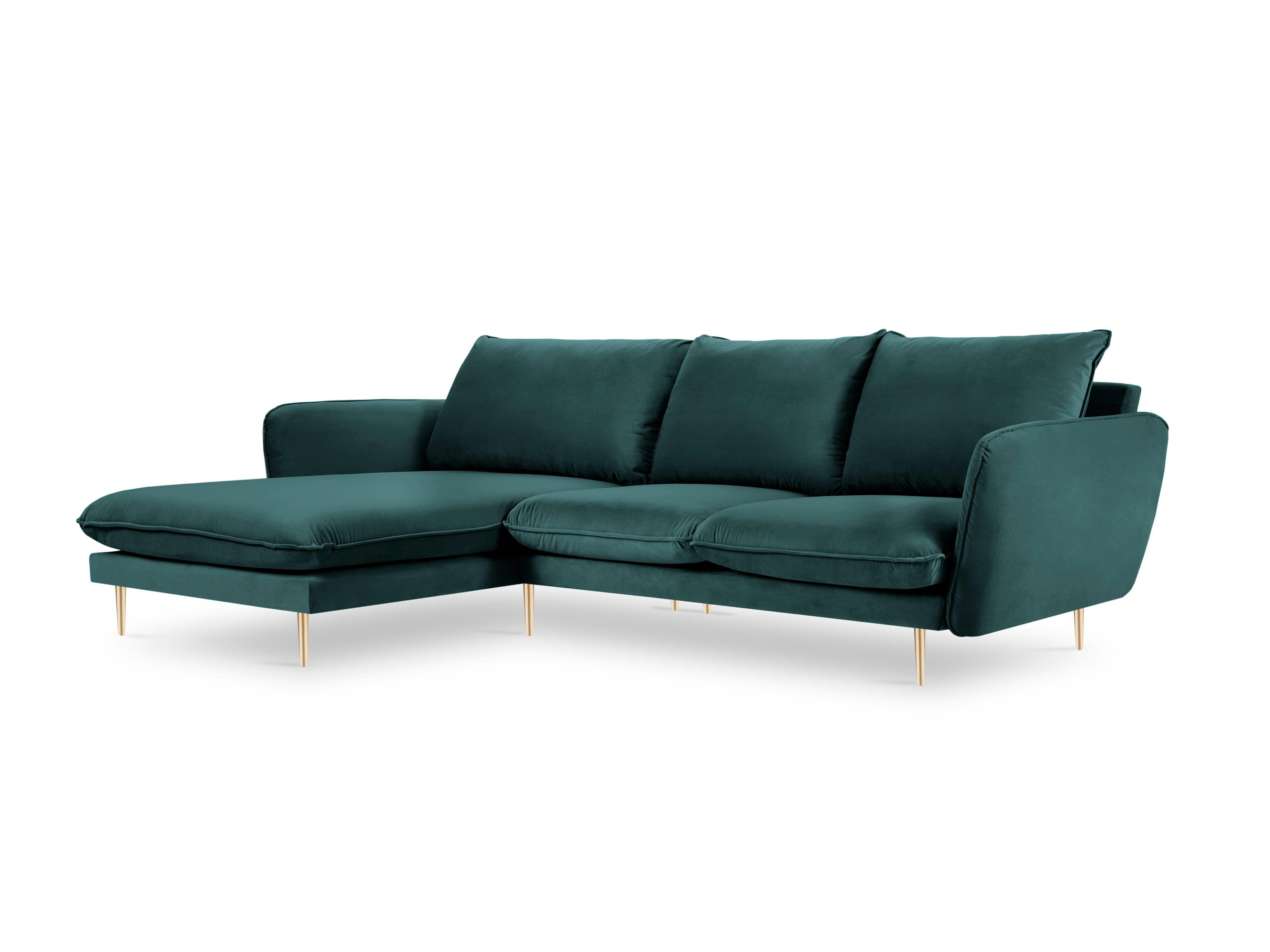 Narożnik aksamitny lewostronny VIENNA morski ze złotą podstawą Cosmopolitan Design Eye on Design