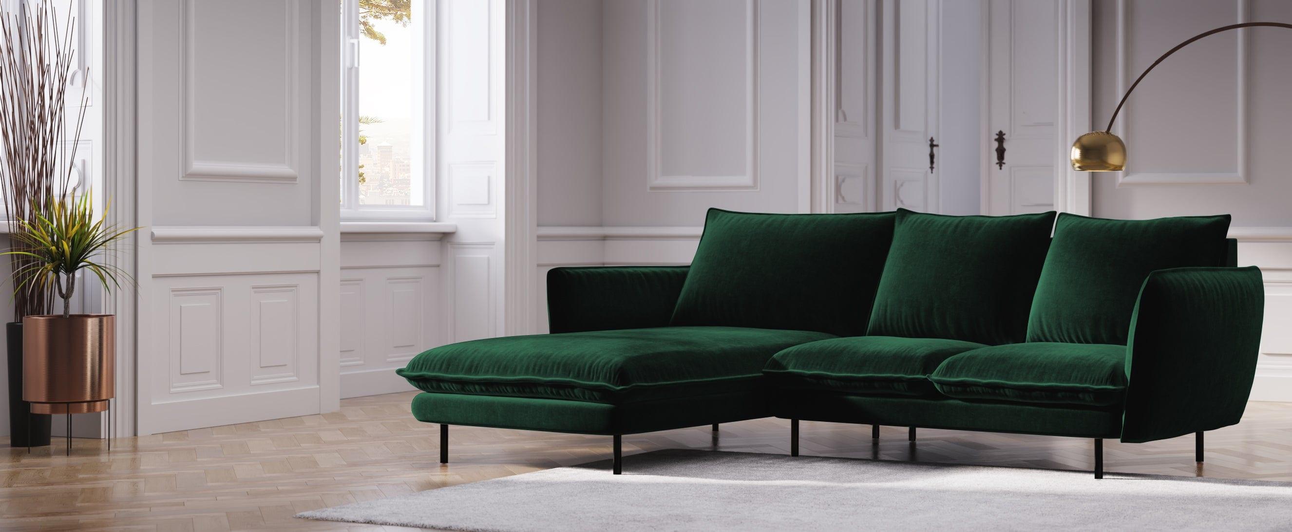 Narożnik aksamitny lewostronny VIENNA zielony z czarną podstawą Cosmopolitan Design Eye on Design