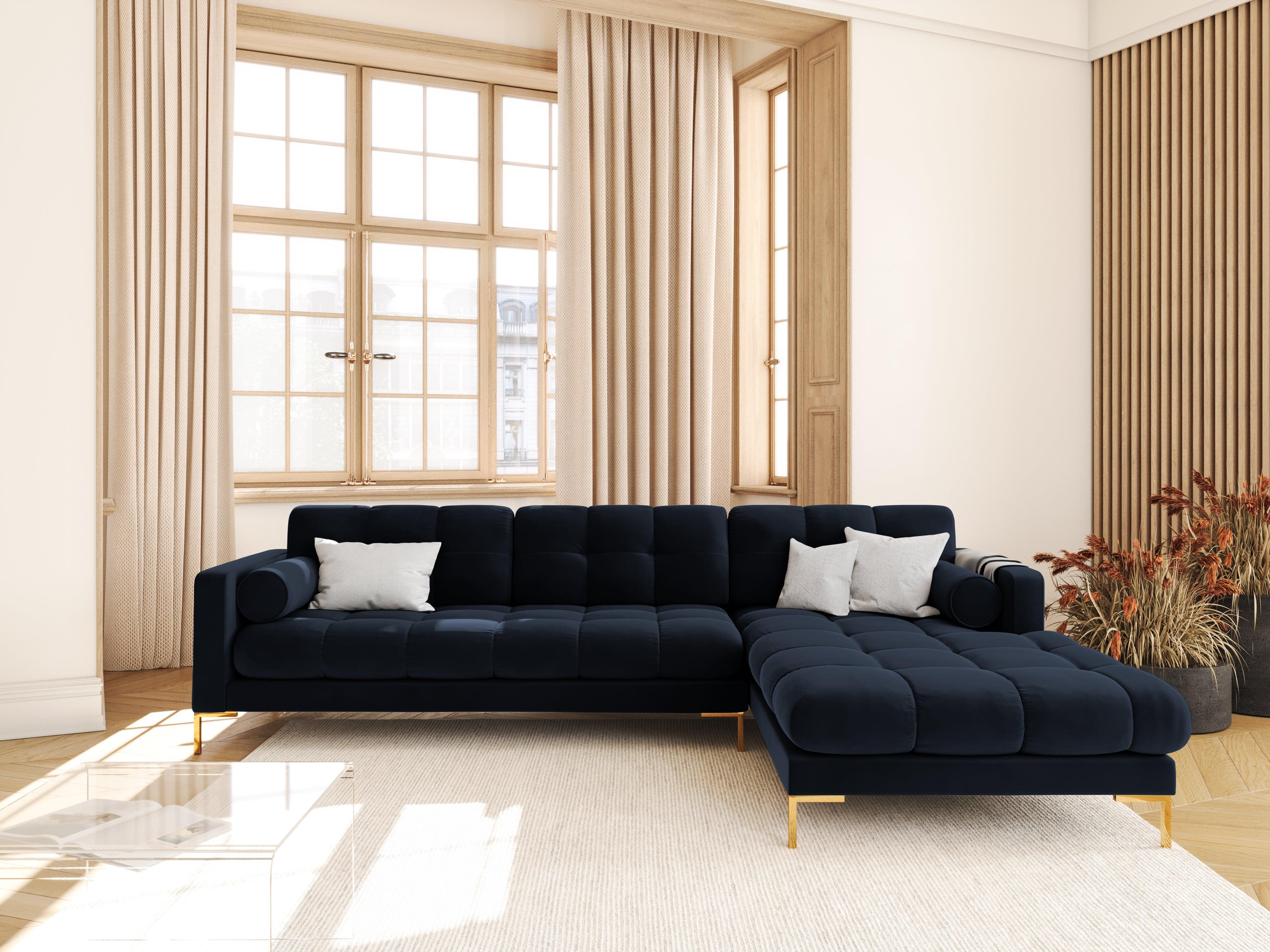 Narożnik aksamitny prawostronny BALI ciemnoniebieski ze złotą podstawą Cosmopolitan Design Eye on Design