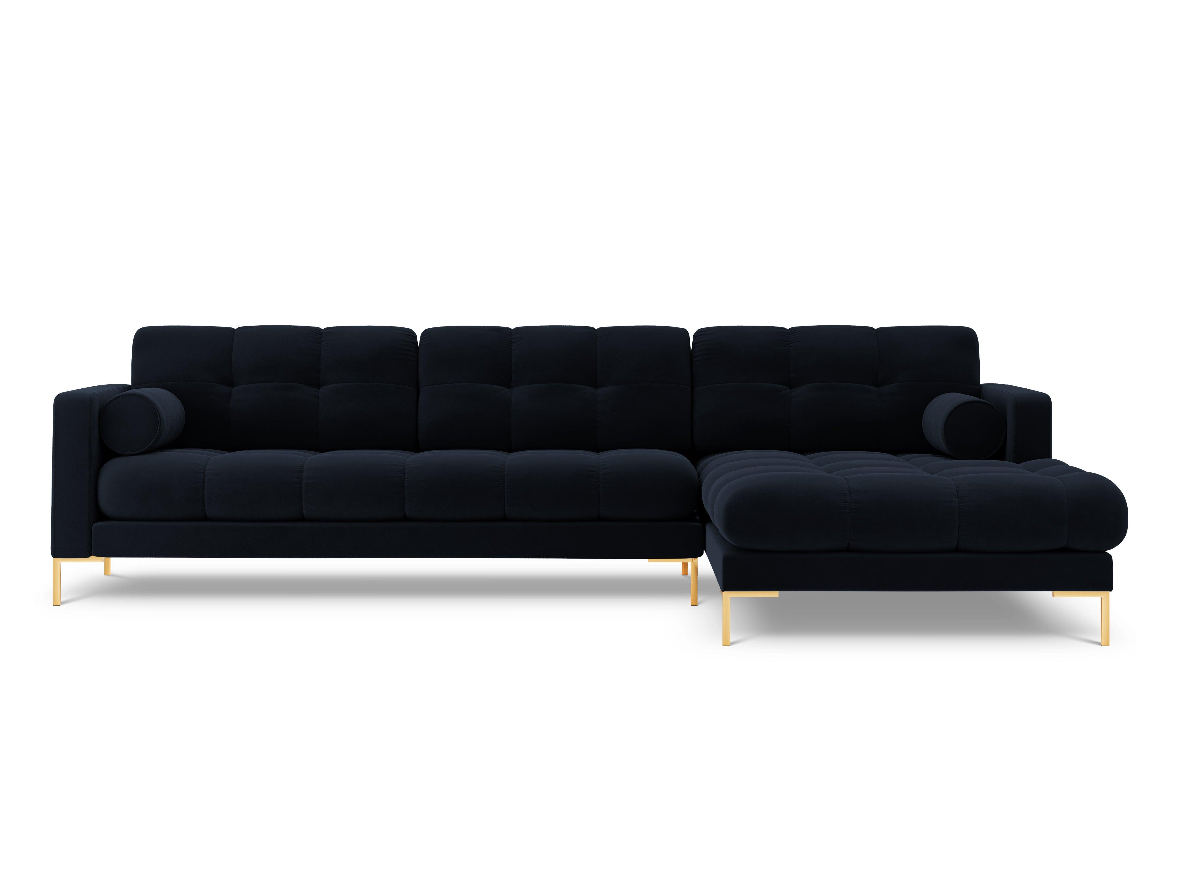 Narożnik aksamitny prawostronny BALI ciemnoniebieski ze złotą podstawą Cosmopolitan Design Eye on Design