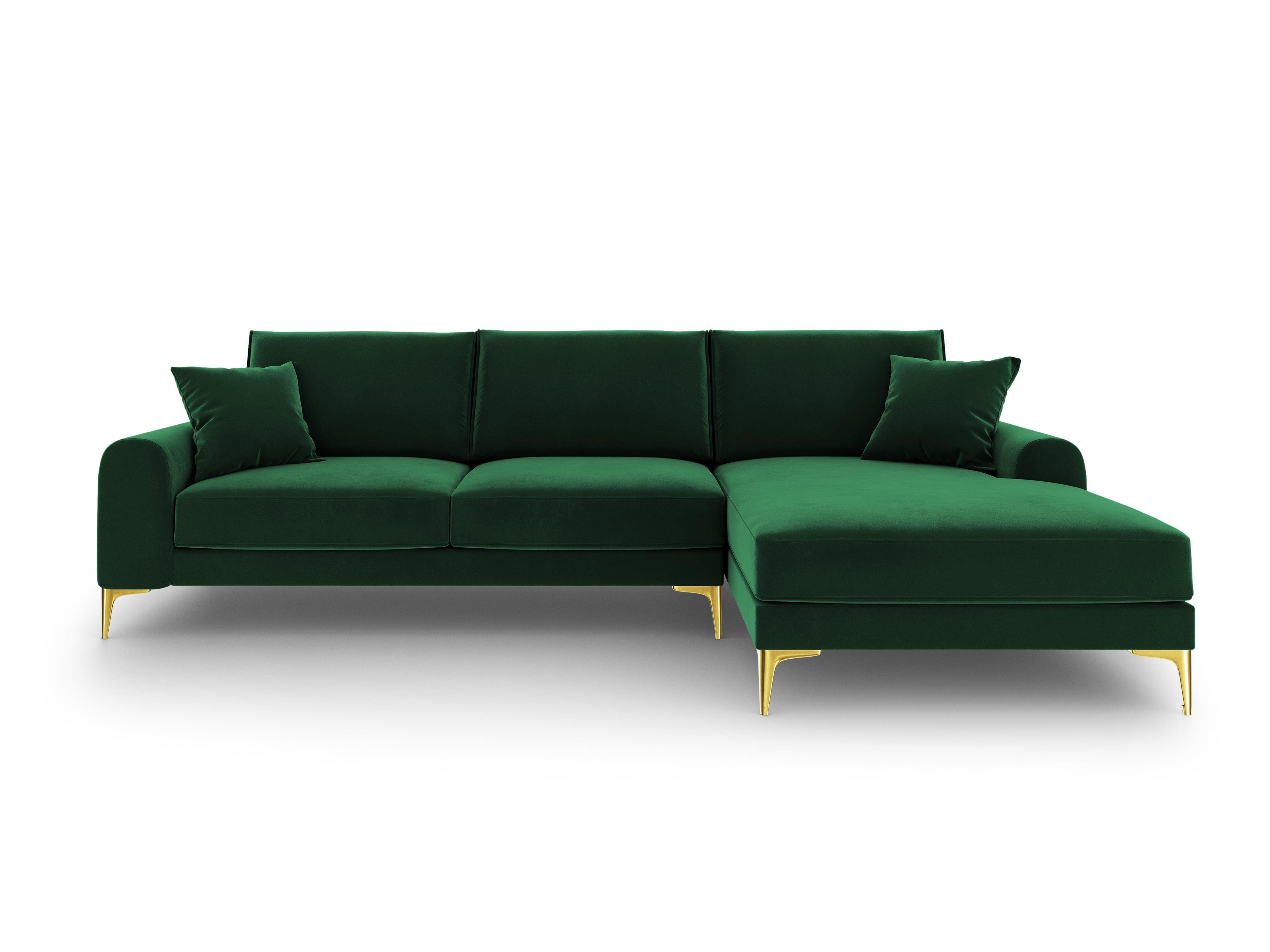 Narożnik aksamitny prawostronny MADARA butelkowa zieleń ze złotą podstawą Mazzini Sofas Eye on Design