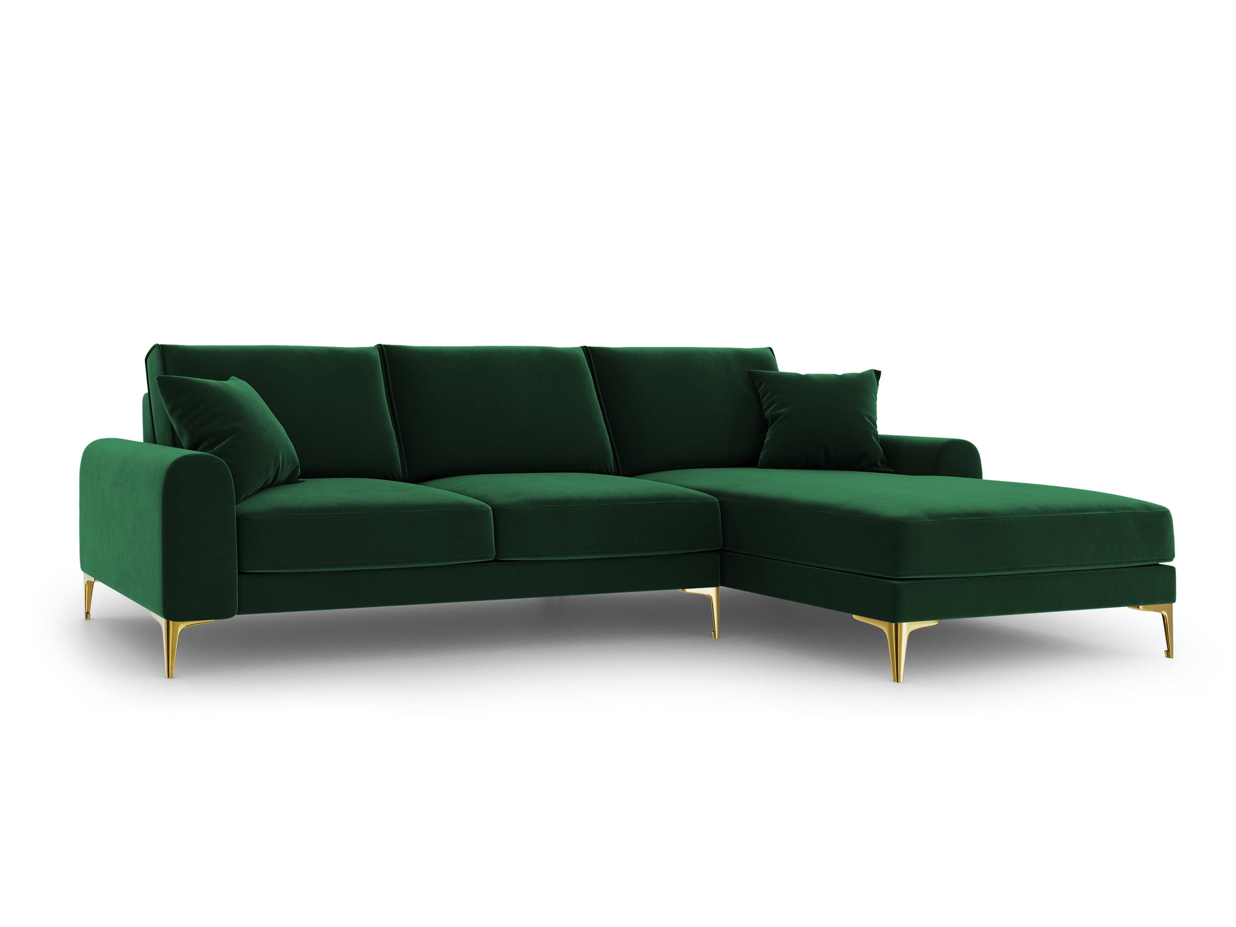 Narożnik aksamitny prawostronny MADARA butelkowa zieleń ze złotą podstawą Mazzini Sofas Eye on Design