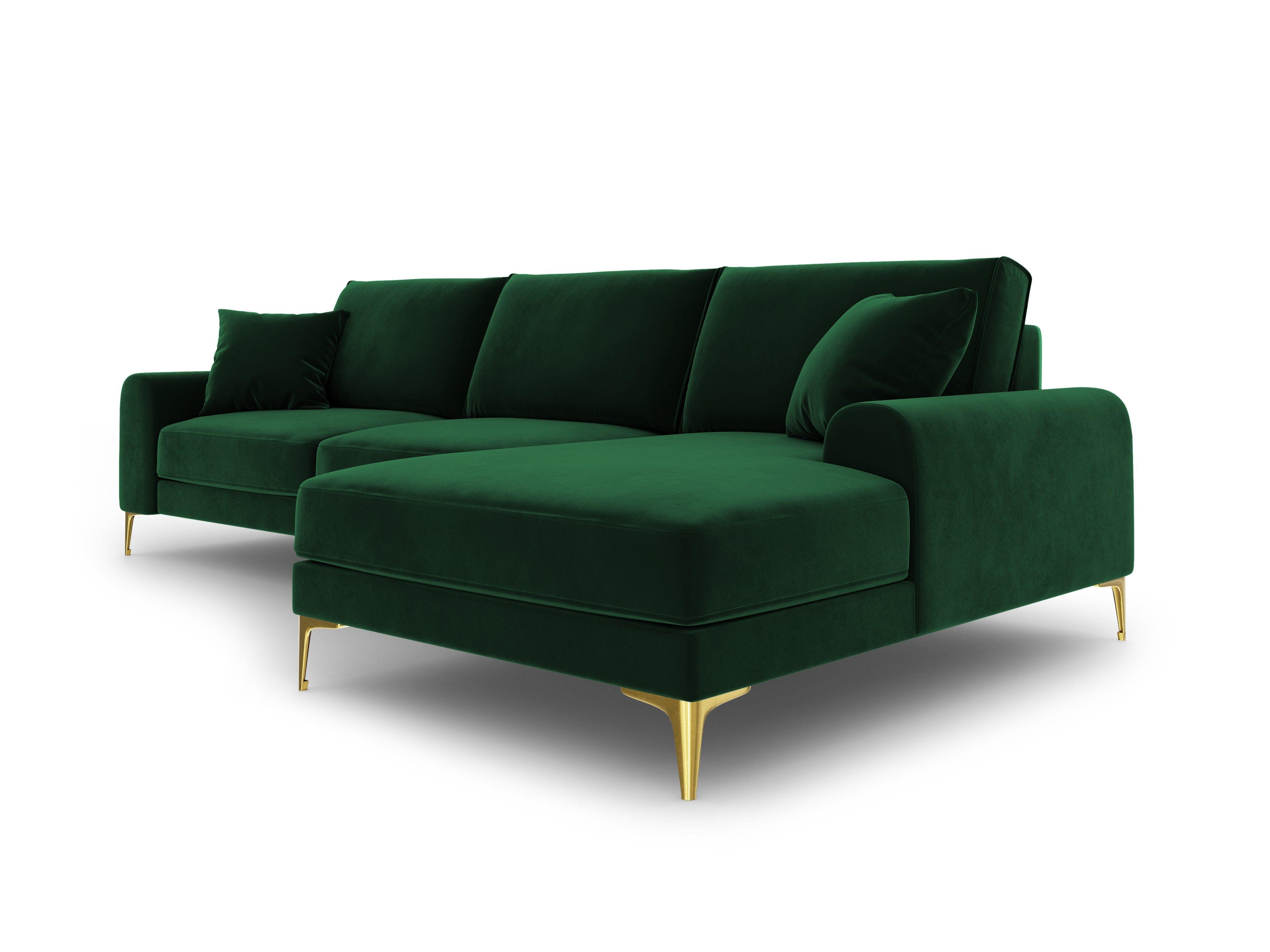 Narożnik aksamitny prawostronny MADARA butelkowa zieleń ze złotą podstawą Mazzini Sofas Eye on Design