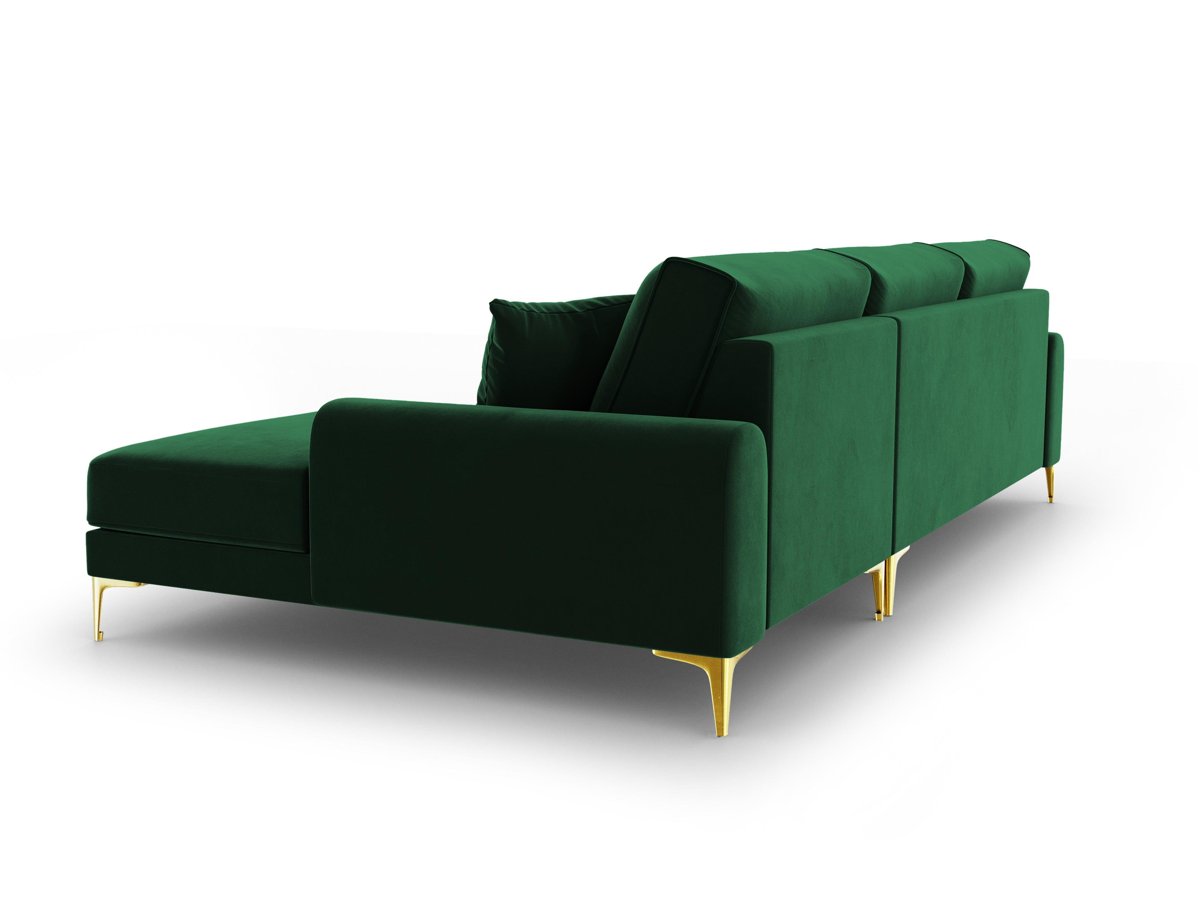 Narożnik aksamitny prawostronny MADARA butelkowa zieleń ze złotą podstawą Mazzini Sofas Eye on Design