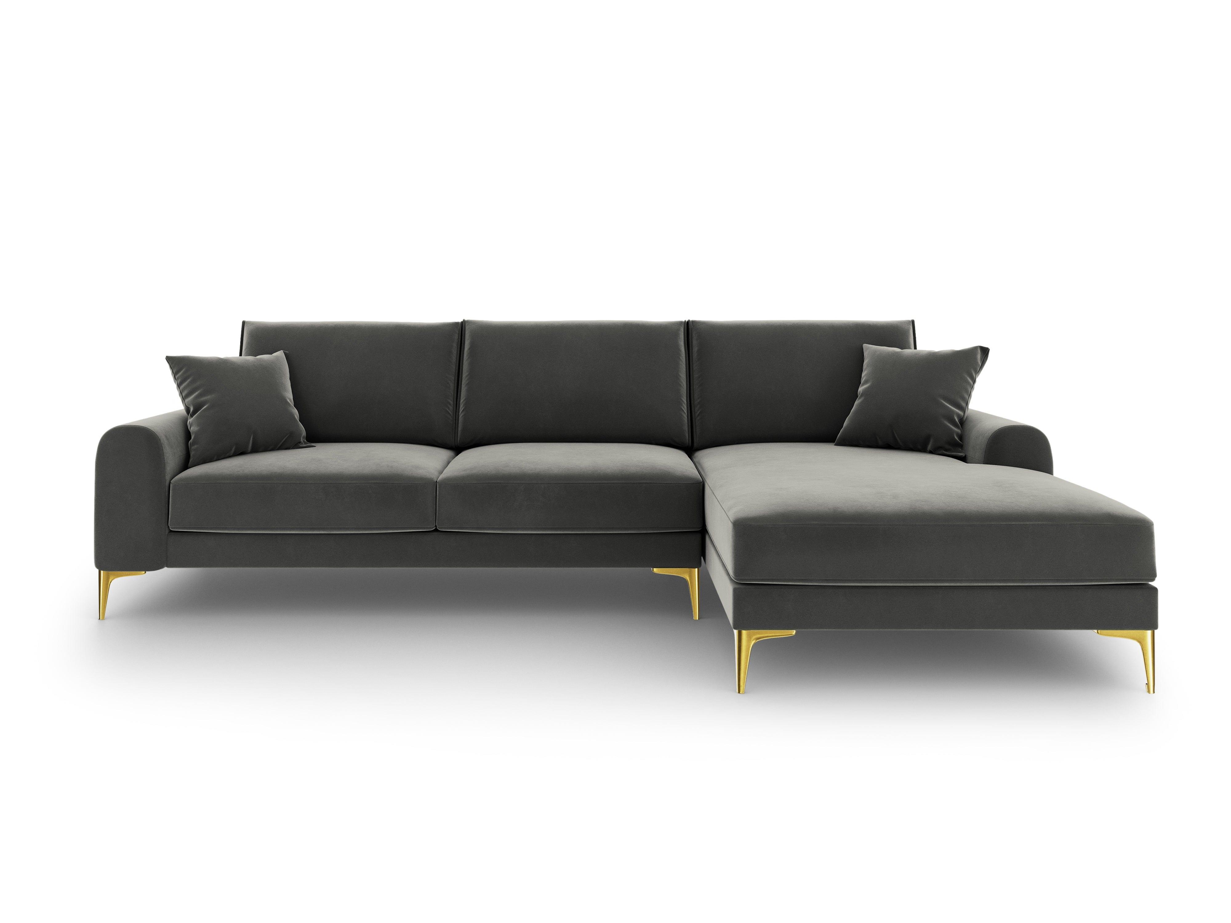 Narożnik aksamitny prawostronny MADARA ciemnoszary ze złotą podstawą Mazzini Sofas Eye on Design