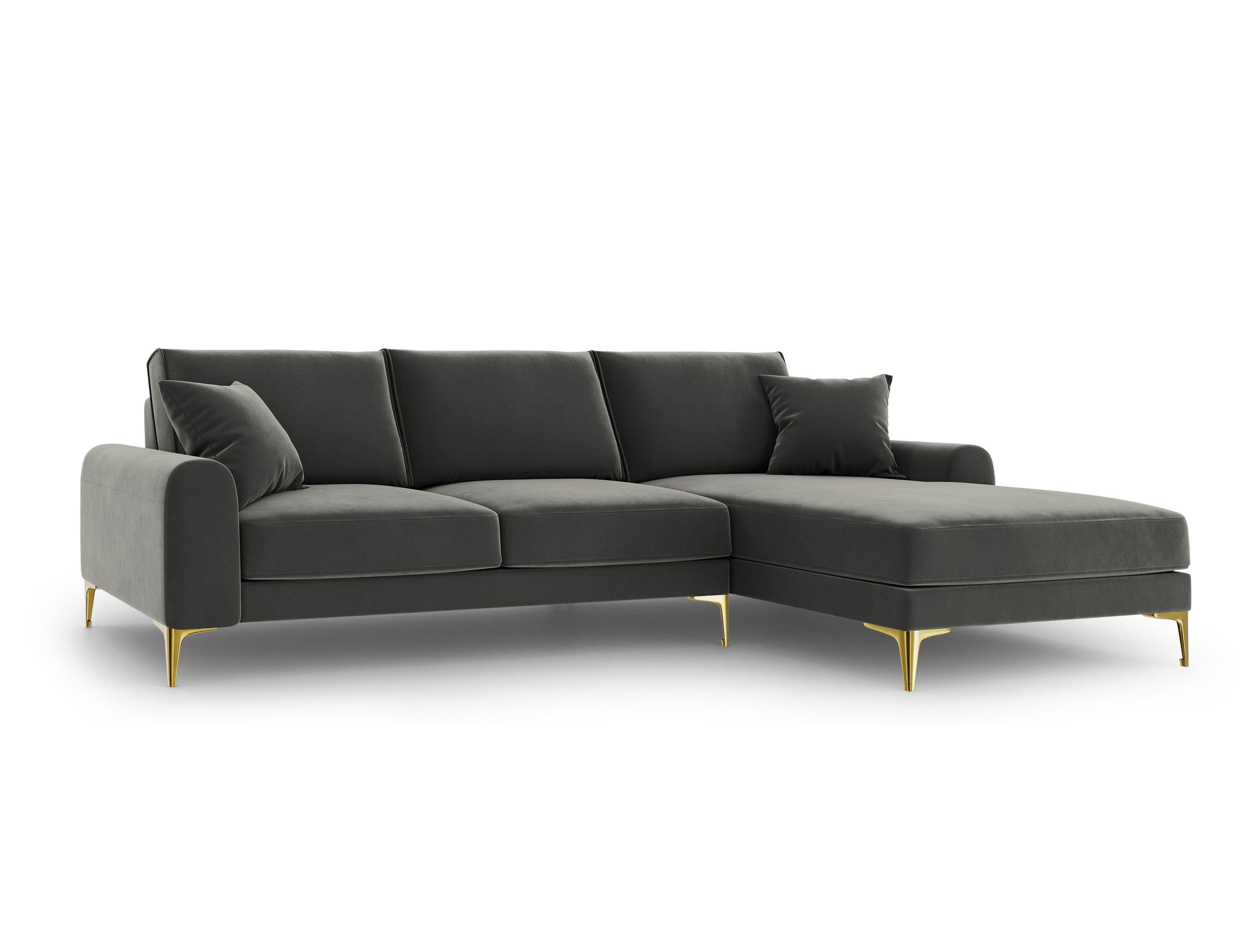 Narożnik aksamitny prawostronny MADARA ciemnoszary ze złotą podstawą Mazzini Sofas Eye on Design