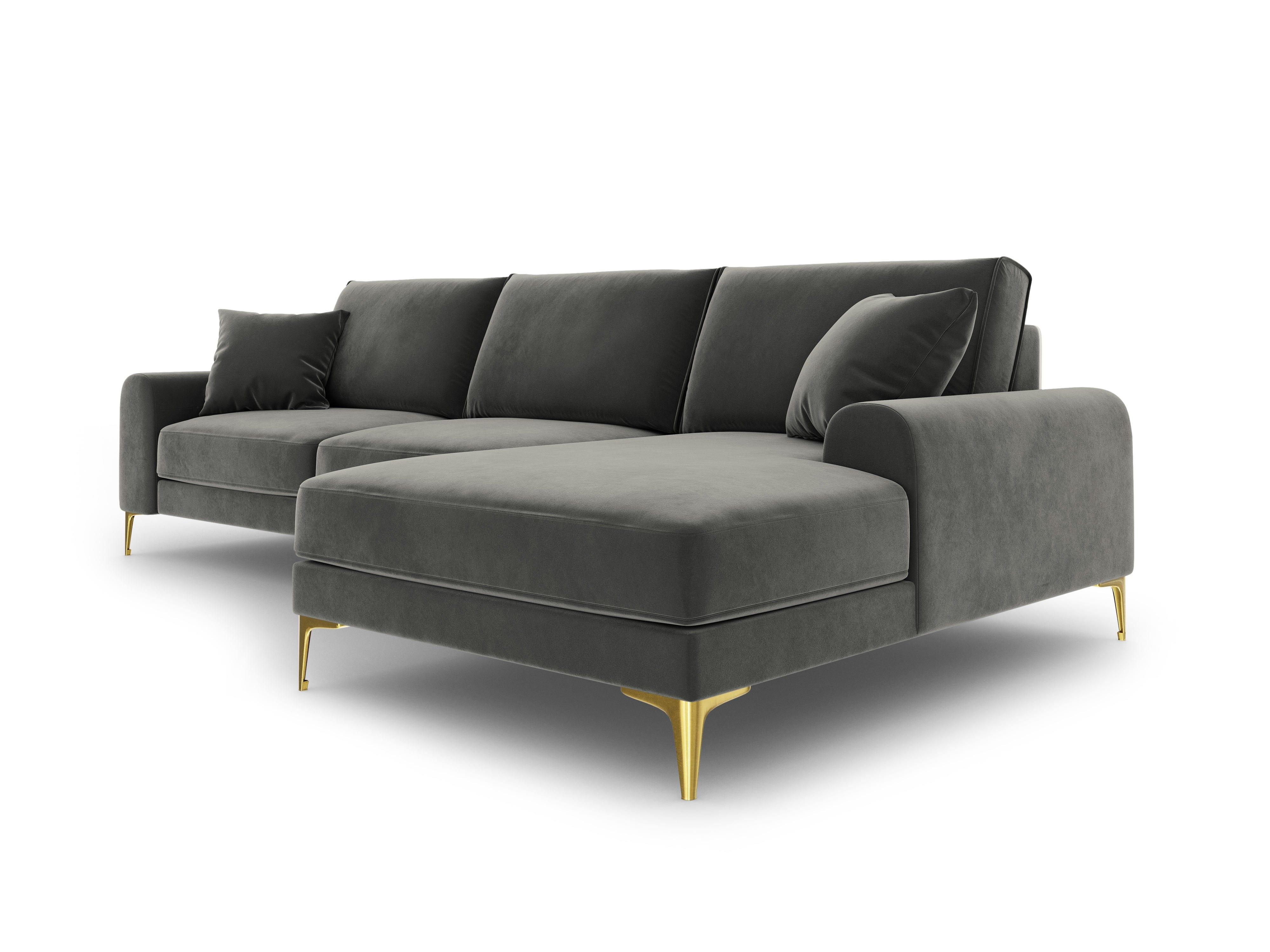 Narożnik aksamitny prawostronny MADARA ciemnoszary ze złotą podstawą Mazzini Sofas Eye on Design
