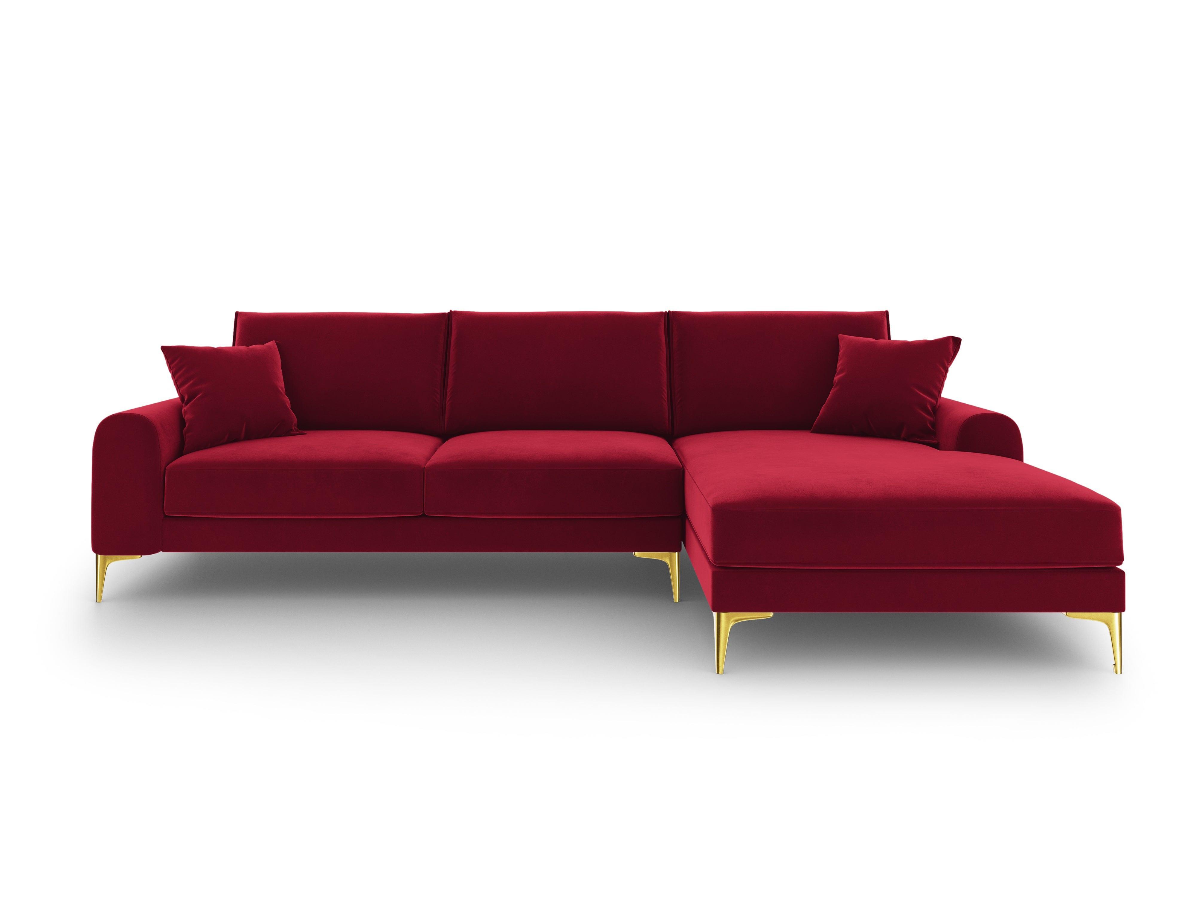 Narożnik aksamitny prawostronny MADARA czerwony ze złotą podstawą Mazzini Sofas Eye on Design