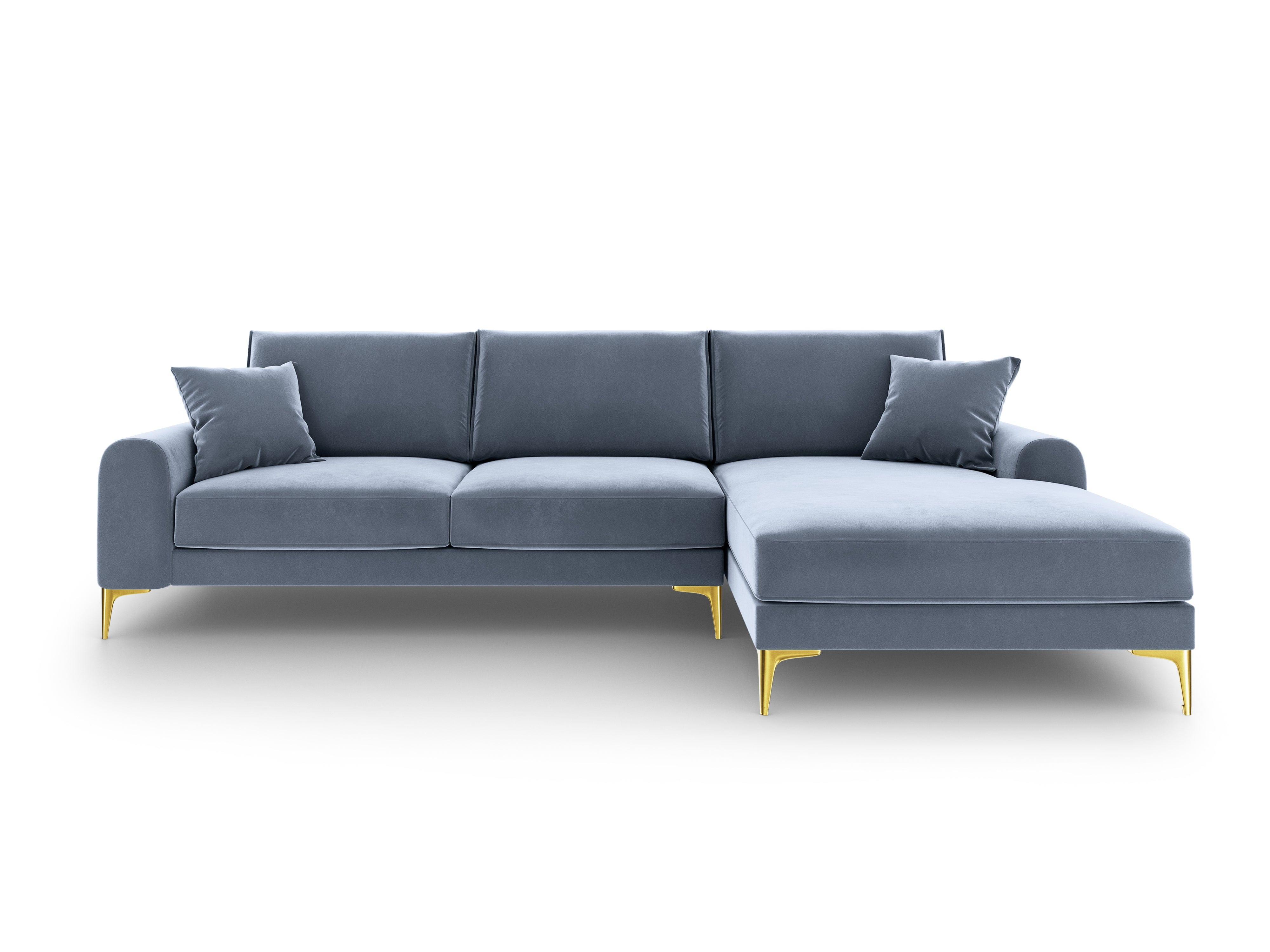Narożnik aksamitny prawostronny MADARA jasnoniebieski ze złotą podstawą Mazzini Sofas Eye on Design