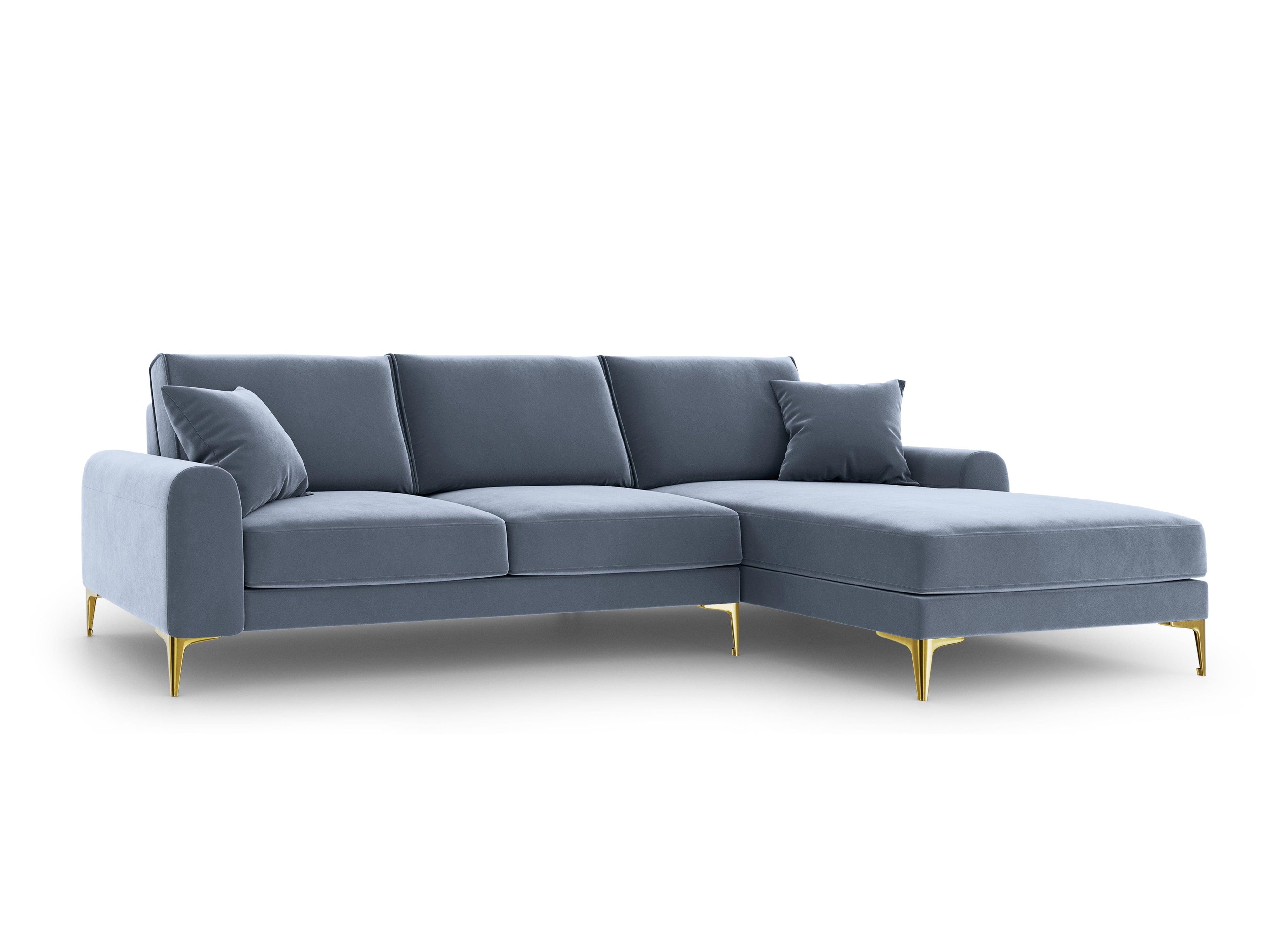 Narożnik aksamitny prawostronny MADARA jasnoniebieski ze złotą podstawą Mazzini Sofas Eye on Design