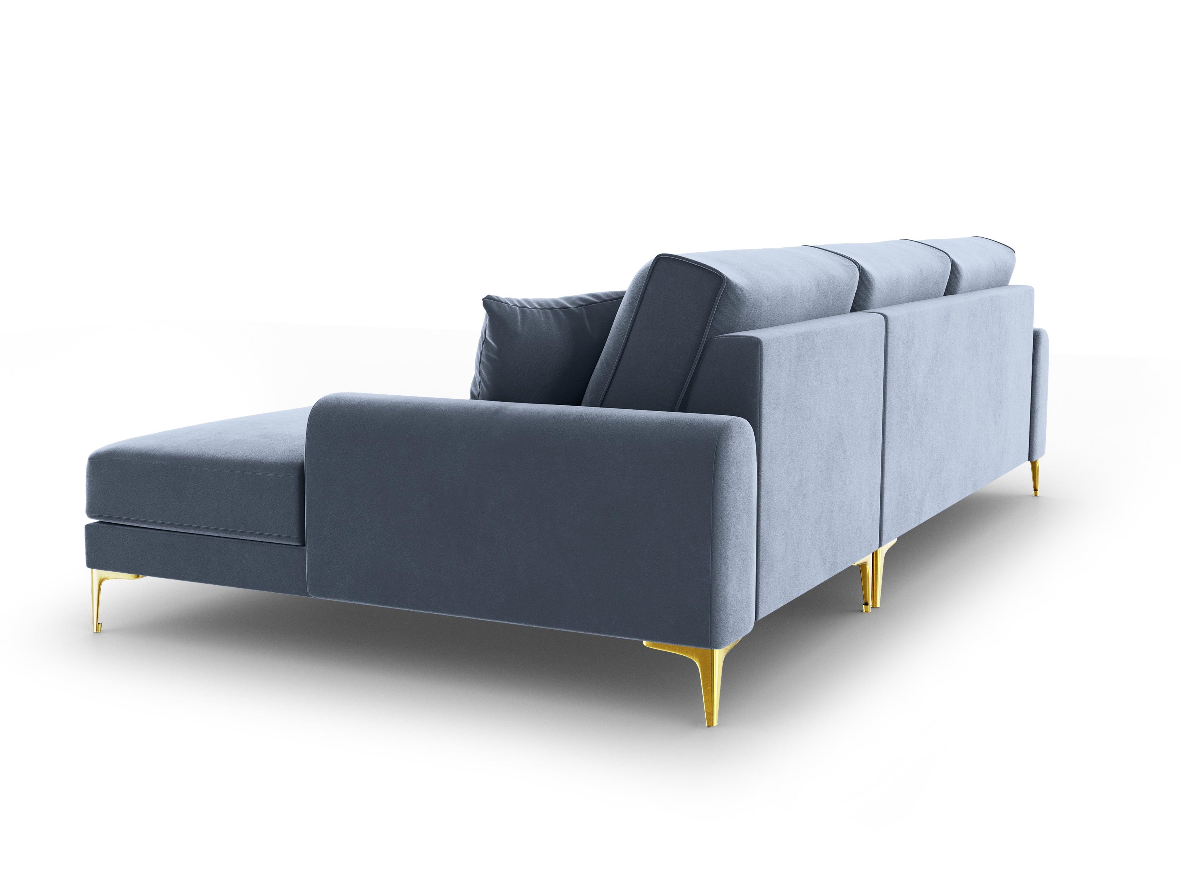 Narożnik aksamitny prawostronny MADARA jasnoniebieski ze złotą podstawą Mazzini Sofas Eye on Design