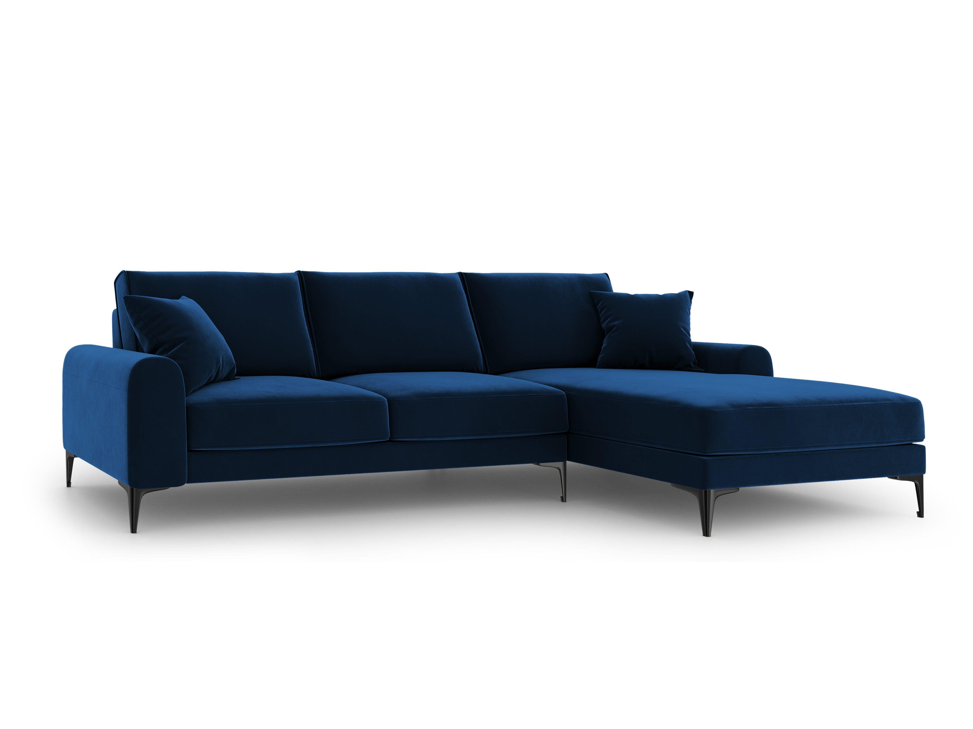 Narożnik aksamitny prawostronny MADARA królewski niebieski z czarną podstawą Mazzini Sofas Eye on Design