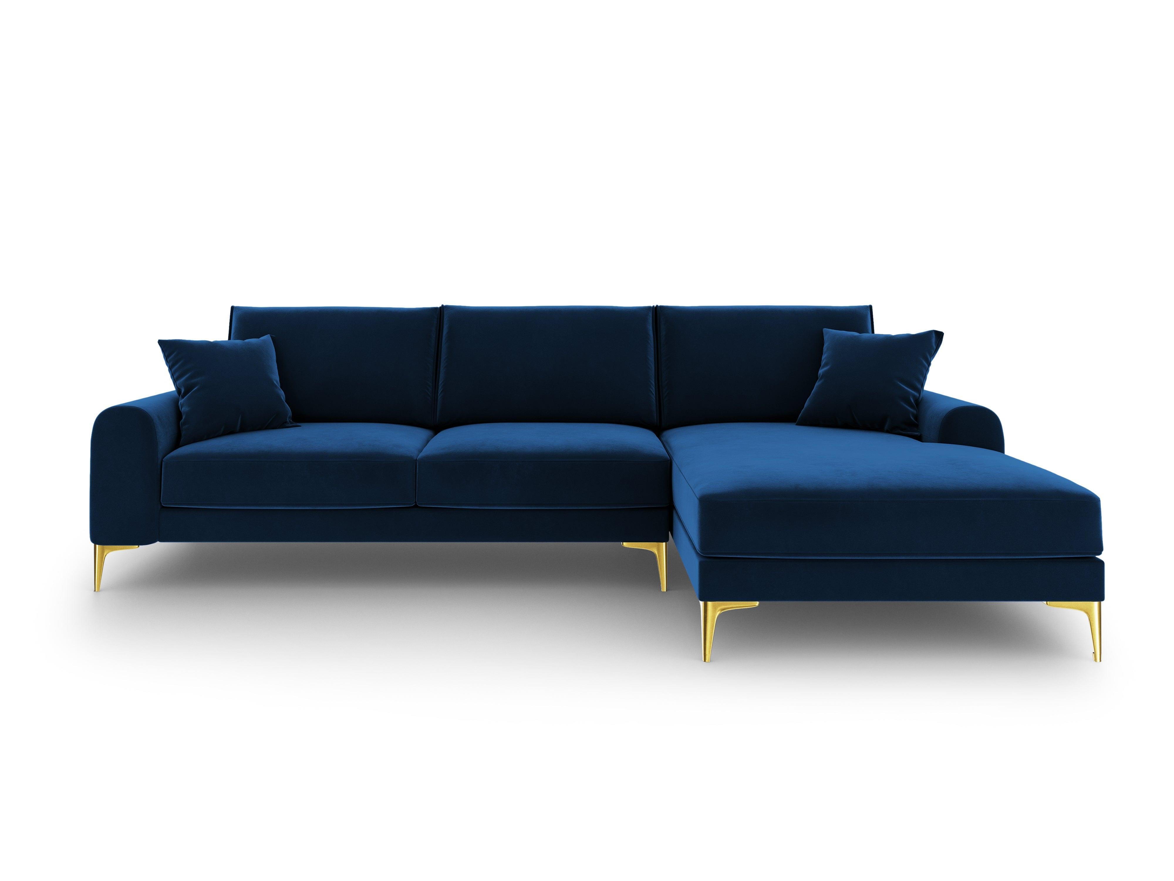 Narożnik aksamitny prawostronny MADARA królewski niebieski ze złotą podstawą Mazzini Sofas Eye on Design