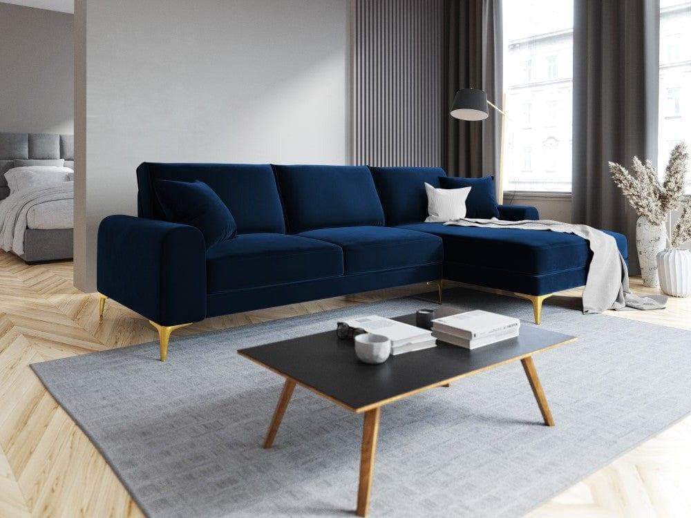 Narożnik aksamitny prawostronny MADARA królewski niebieski ze złotą podstawą Mazzini Sofas Eye on Design