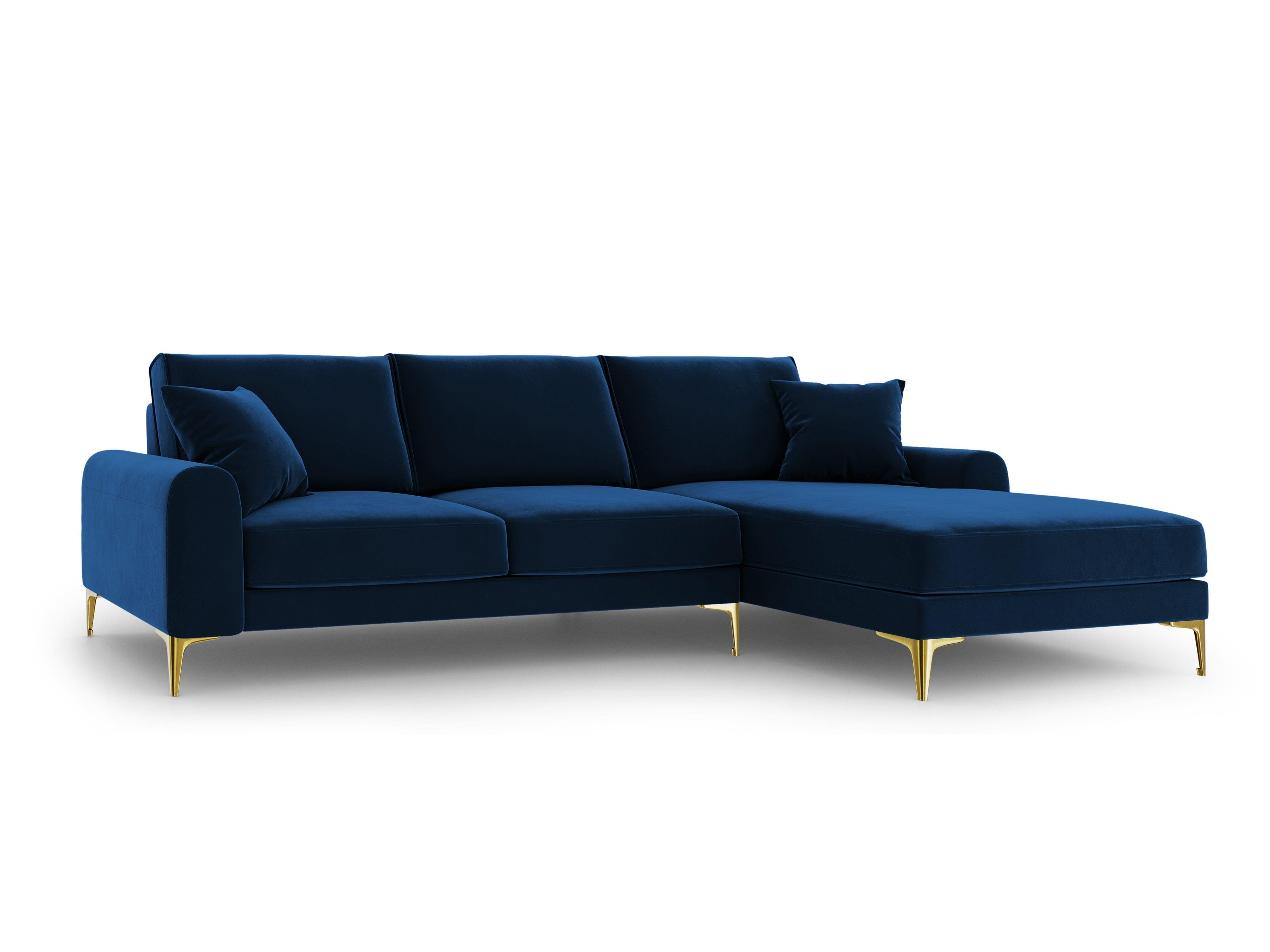 Narożnik aksamitny prawostronny MADARA królewski niebieski ze złotą podstawą Mazzini Sofas Eye on Design