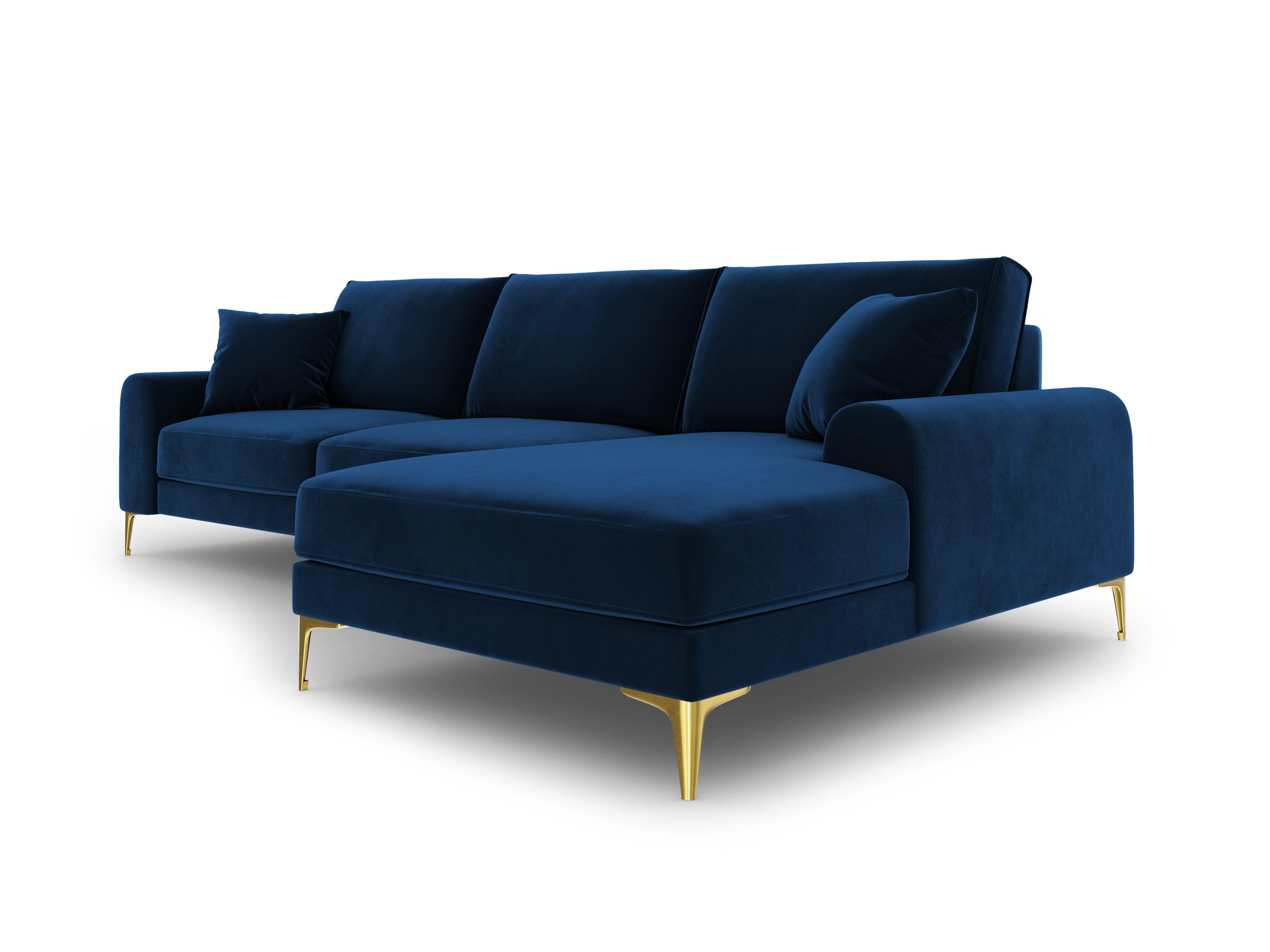 Narożnik aksamitny prawostronny MADARA królewski niebieski ze złotą podstawą Mazzini Sofas Eye on Design