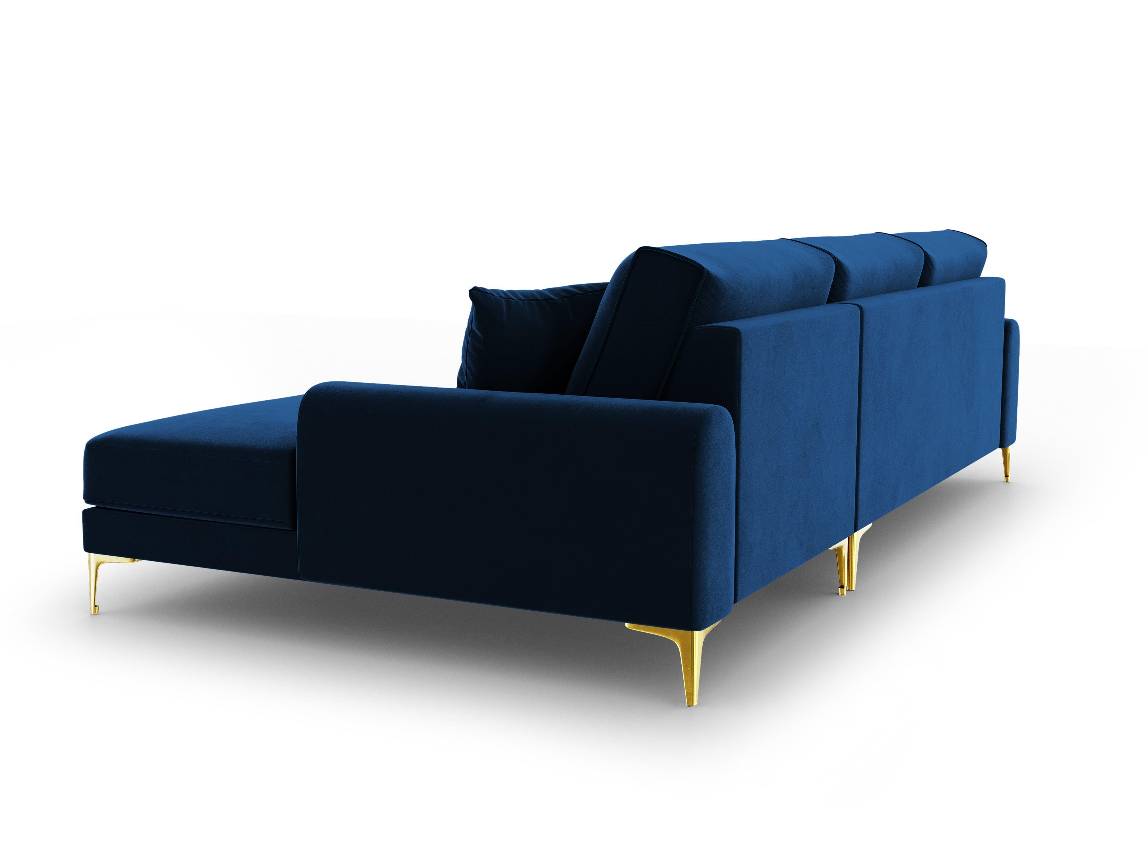 Narożnik aksamitny prawostronny MADARA królewski niebieski ze złotą podstawą Mazzini Sofas Eye on Design