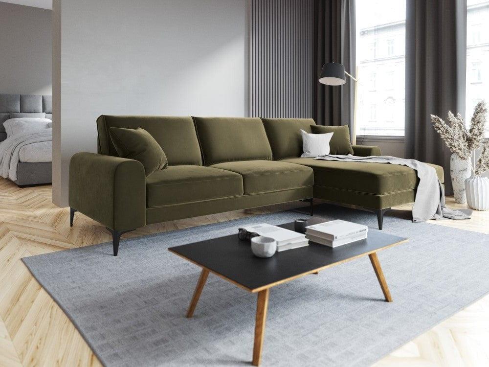 Narożnik aksamitny prawostronny MADARA zielony z czarną podstawą Mazzini Sofas Eye on Design
