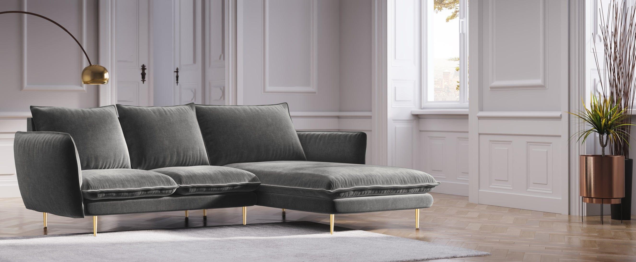 Narożnik aksamitny prawostronny VIENNA ciemnoszary ze złotą podstawą Cosmopolitan Design Eye on Design